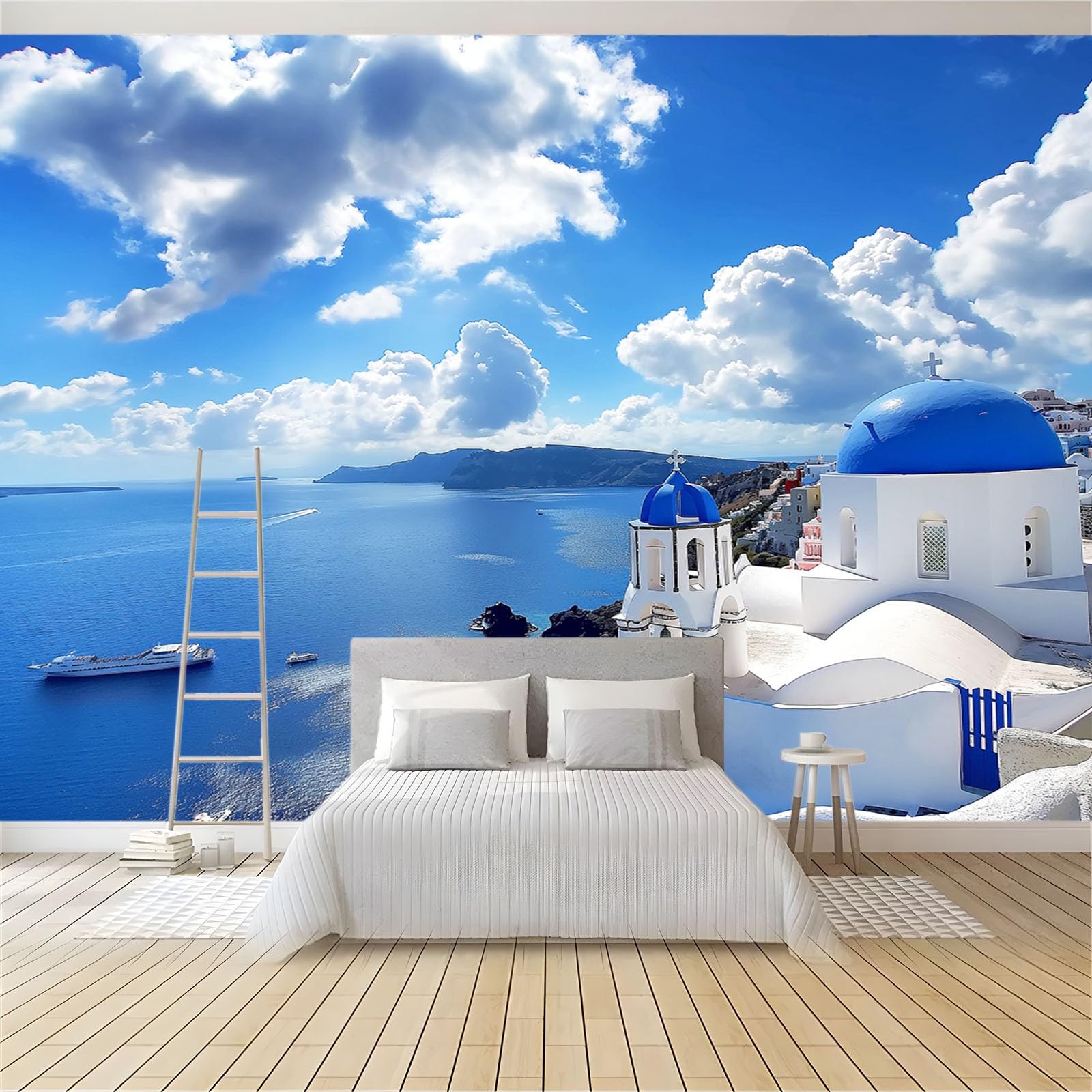 Blu Carta da Parati 3d Paesaggio dell'isola di Santorini in Grecia Fotomurali in TNT Sfondo Murale Moderne Decorazione Soggiorno Camera de Letto Sala Ufficio TV Sfondo 300x210 cm
