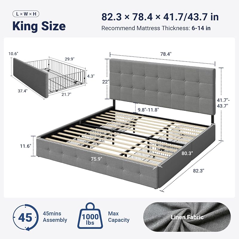 Allewie King Size Storage Bed Frame with 4 Underbed Drawers, Upholstered Platform Bed with Adjustable Headboard, Square Button Tufted, Easy Assembly, Noise-Free, No Box Spring Needed, Light Grey image 2
