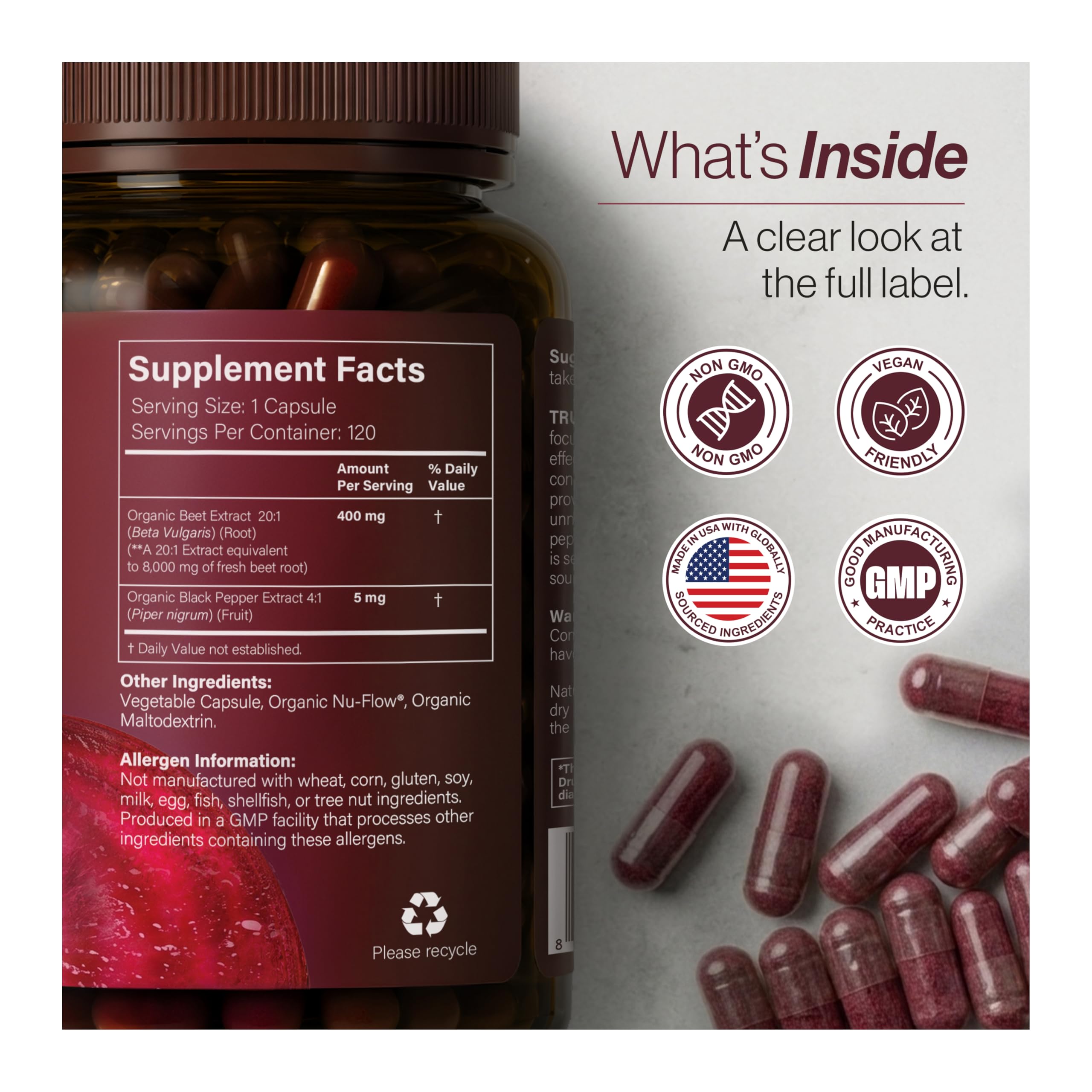 TRUE BEETS Organic Beet Root Capsules - 20:1 Extract Beetroot Supplement, 120 Vegan Capsules, 4 Month Supply - Nitric Oxide & Blood Pressure Support, Non-GMO, Made in the USA — Amazon image 2