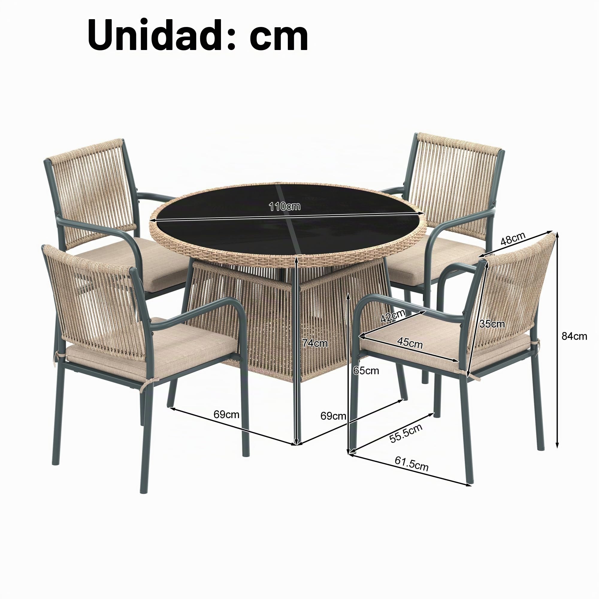 Soweiz Juego de muebles de jardín de ratán moderno, mesa redonda de cristal + 4 sillas con reposabrazos, estructura de hierro, adecuado para terraza/balcón/cubierta (gris)