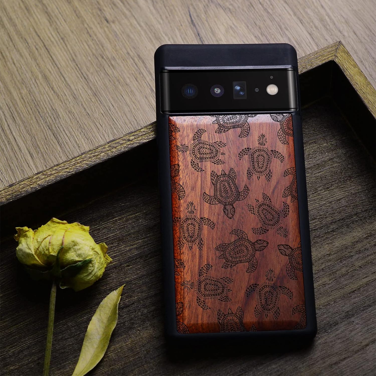 Carveit Wood Case for Pixel 6 Pro Case [Natural Wood & Black Soft TPU] Shockproof Protective Unique Wooden Cover Compatible with Google Pixel 6 Pro (Sami Art of Turtles-Rosy)