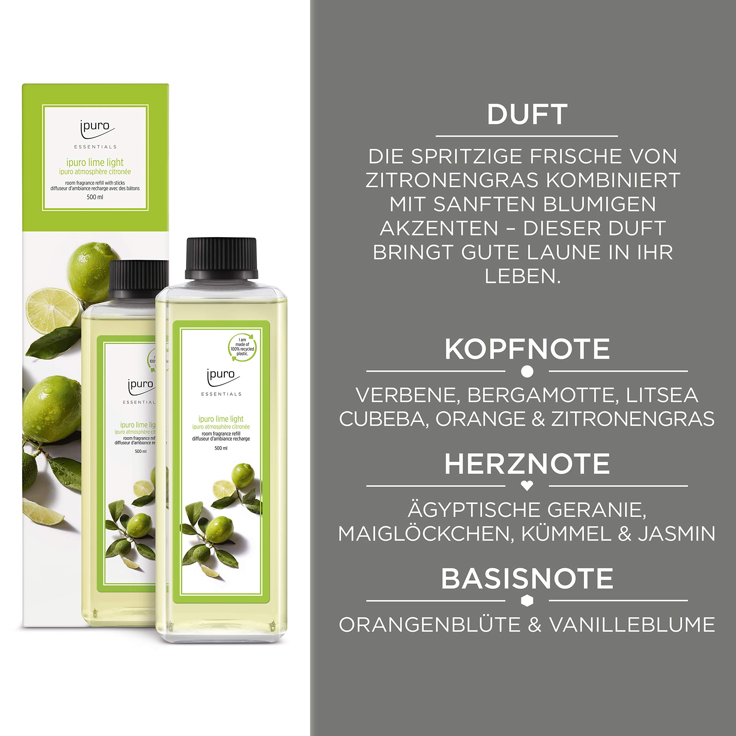 ipuro - Essentials Nachfüller Lime Light Raumduft - Refill Raumerfrischer mit Zitronengras, Bergamotte, Orange, Geranie, Maiglöckchen & Vanilleblumen
