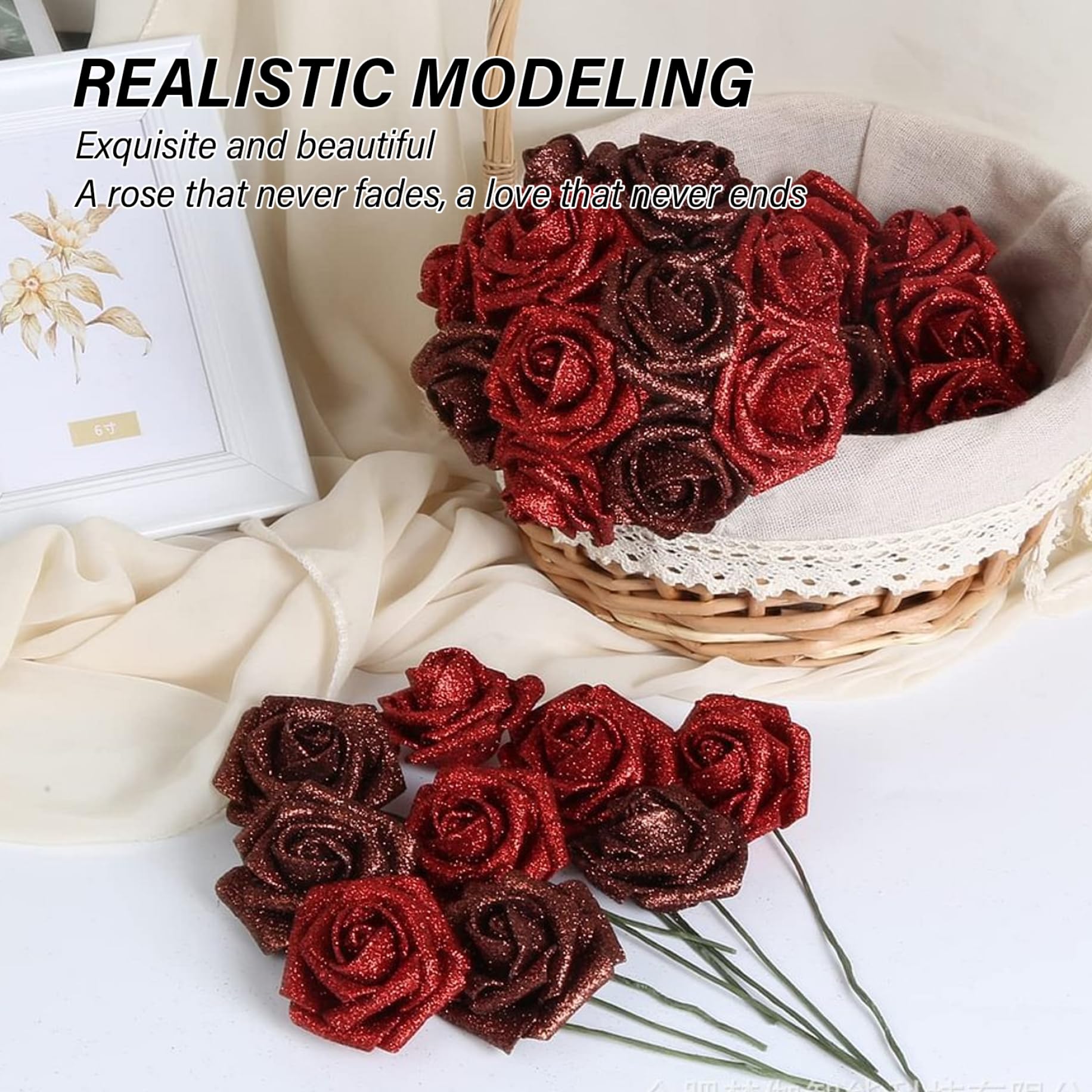 Bouquet de roses scintillantes 9,5 pouces fausses roses bricolage avec tige, rubans d'emballage et papier d'emballage