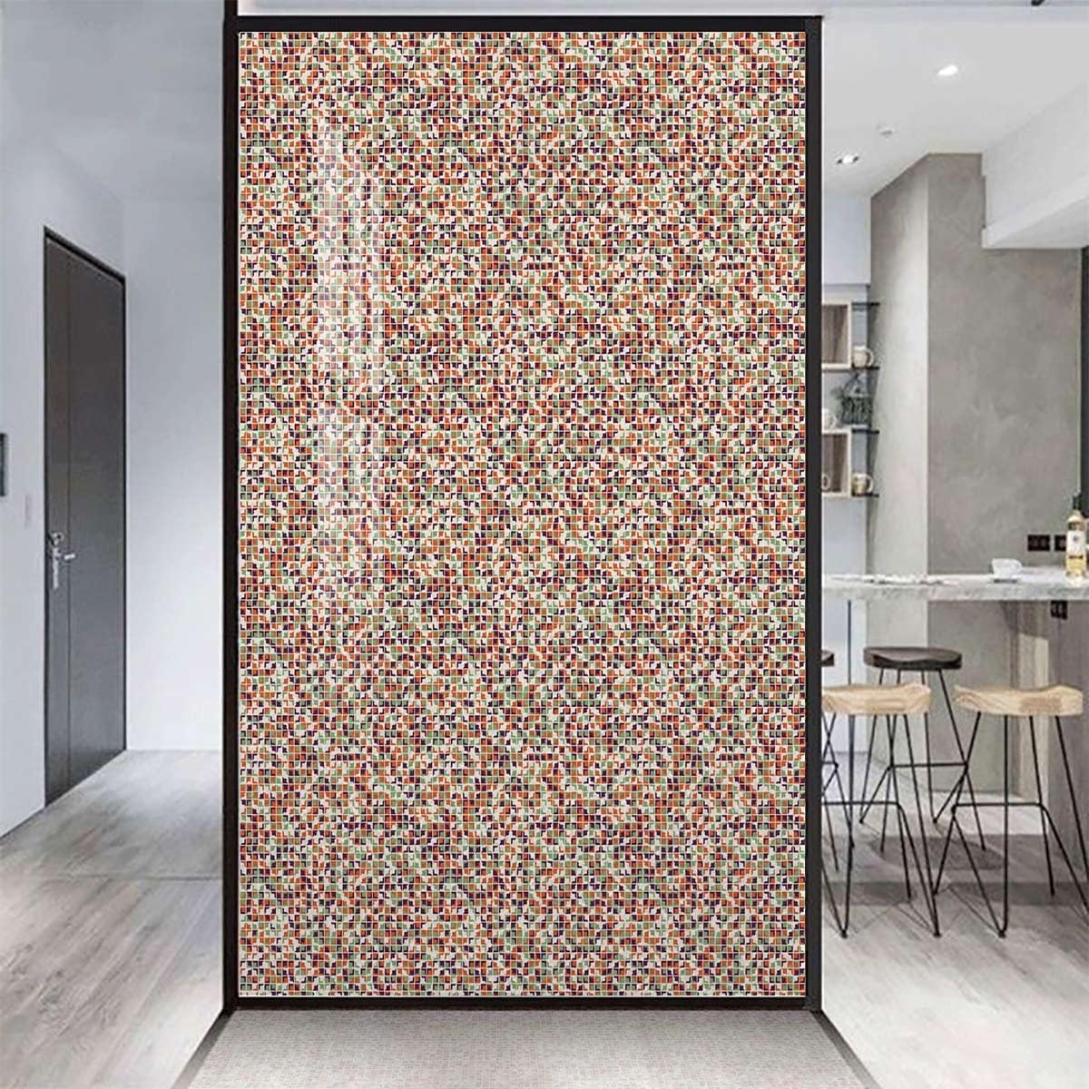 Multicolor Window Sticker Non-Adhesive Glass Film Tradition Geometry Square Pattern Window Film Privacy Stained Static Cling Glass Film Abstract 35.4Wx78.7L-inch