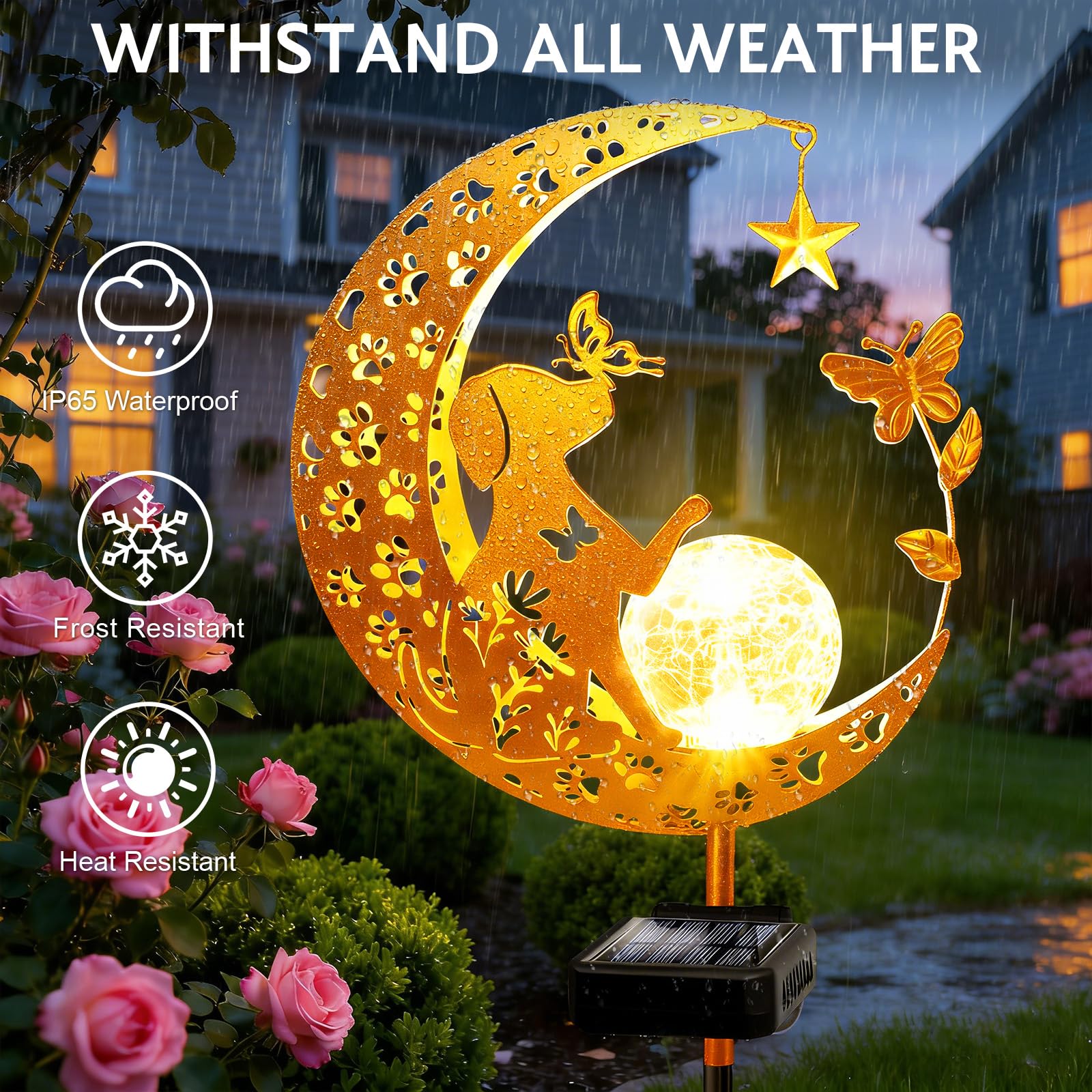 Solarleuchten Outdoor Dekorative Mond Hund Solar Pfahl Lichter Gartenarbeit Geschenke für Frauen Garten Ornamente Wasserdicht für Gehweg, Hof, Rasen, Terrasse