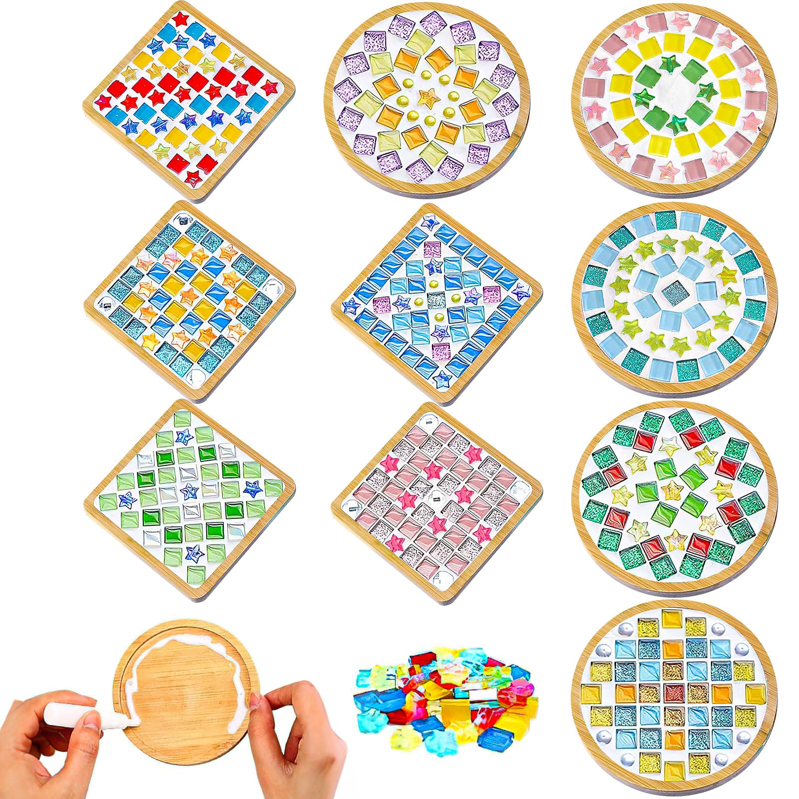 JTKDG 10 Sets DIY Glass Mosaic Tiles for Crafts, Mixed Color Mosaic Kits with Wooden Coaster Adults DIY Kit for Coaster Handmade Home Gifts