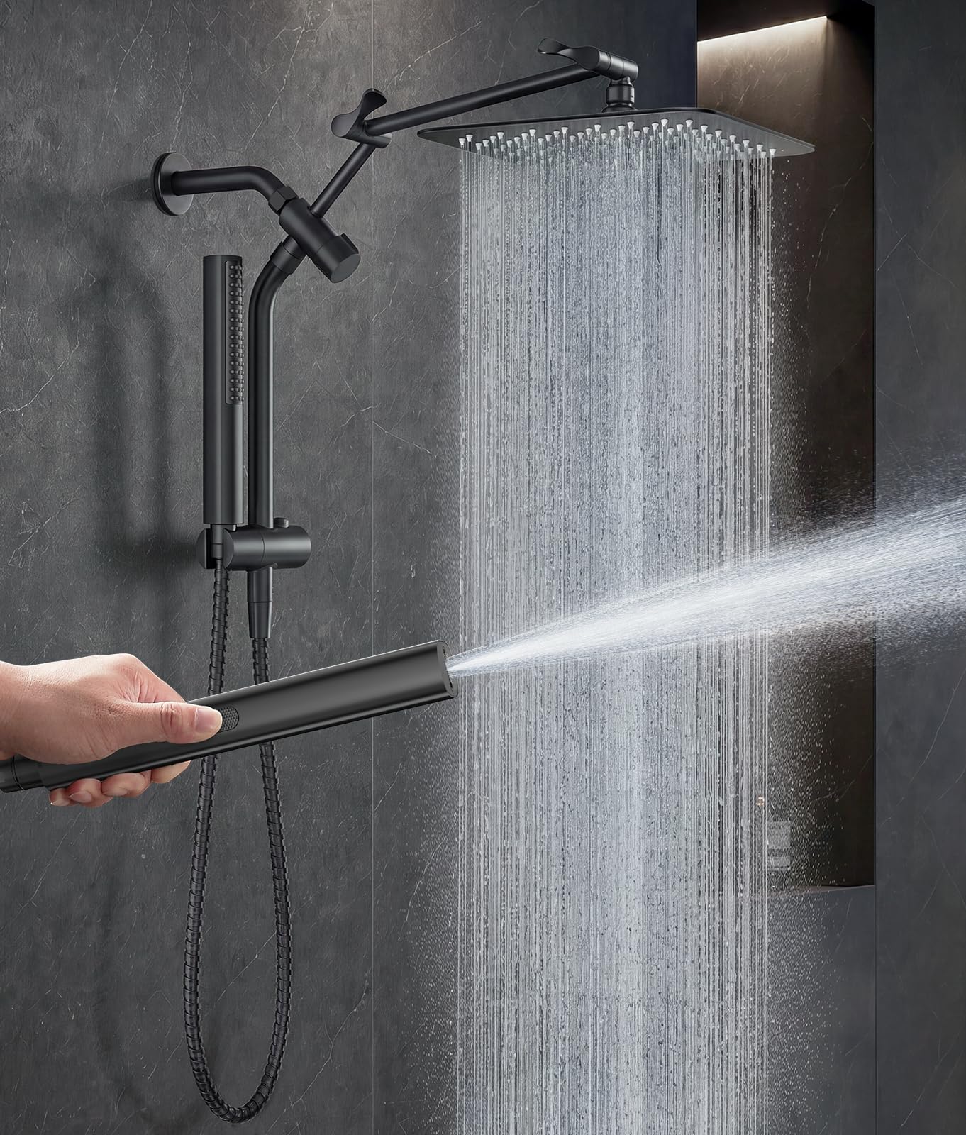 Veken All Metal 10" Black Shower Head with Handheld, Luxurious Square Double Rain Shower Heads with Power Wash Hand Held,Dual High Pressure Detachable Rainfall Showerhead with Arm,Bathroom,Matte Black