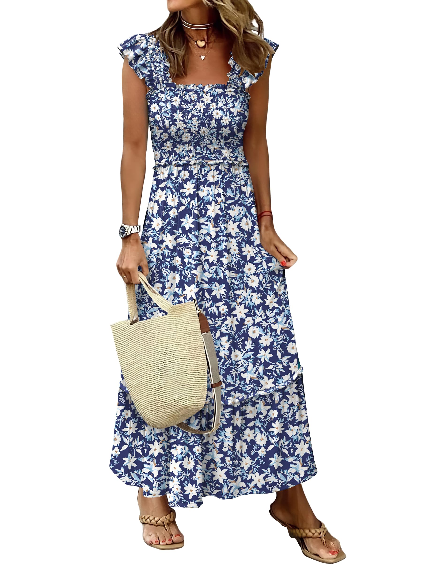 ANRABESS Womens Summer Sleeveless Maxi Dress Square Neck Smocked Boho Casual Ruffle Strap Flowy A-Line Long Beach Sundress Print White Floral Medium