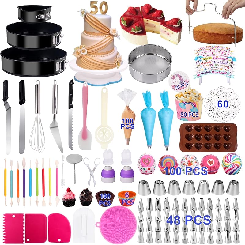 Kits de decoración de pasteles de 567 piezas con kit de herramientas para hornear para principiantes y profesionales | Plato giratorio, herramientas de decoración de Fondant, puntas de tubería numeradas, espátulas para glaseado, suministros para hornear pasteles niveladores