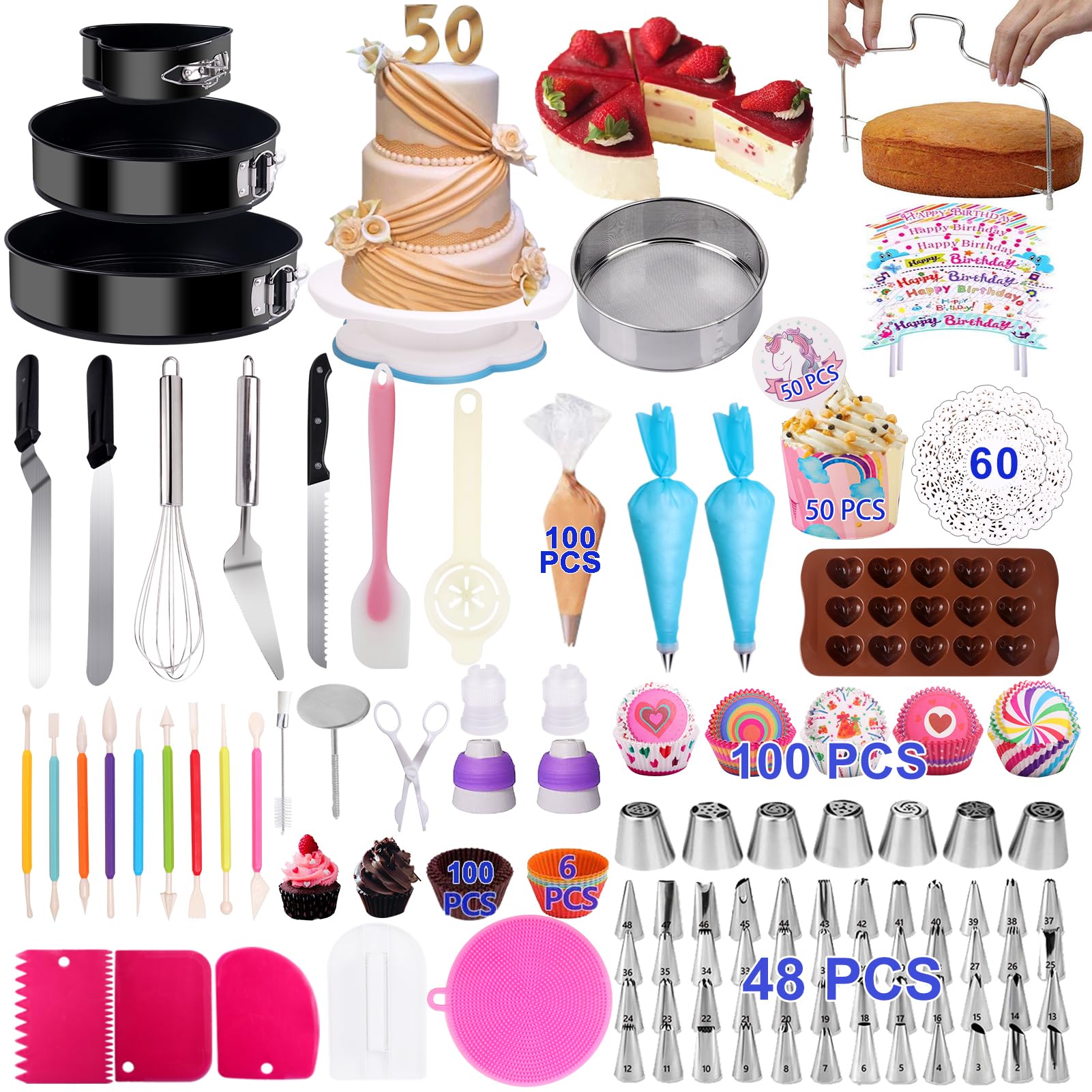 Cake Decorating Supplies 2019 Upgrade 282 PCS Baking Set with Springform Cake Pans Set,Cake Rotating Turntable,Cake Decorating Kits, Muffin Cup Mold, Cake Baking Supplies for Beginners and Cake Lovers