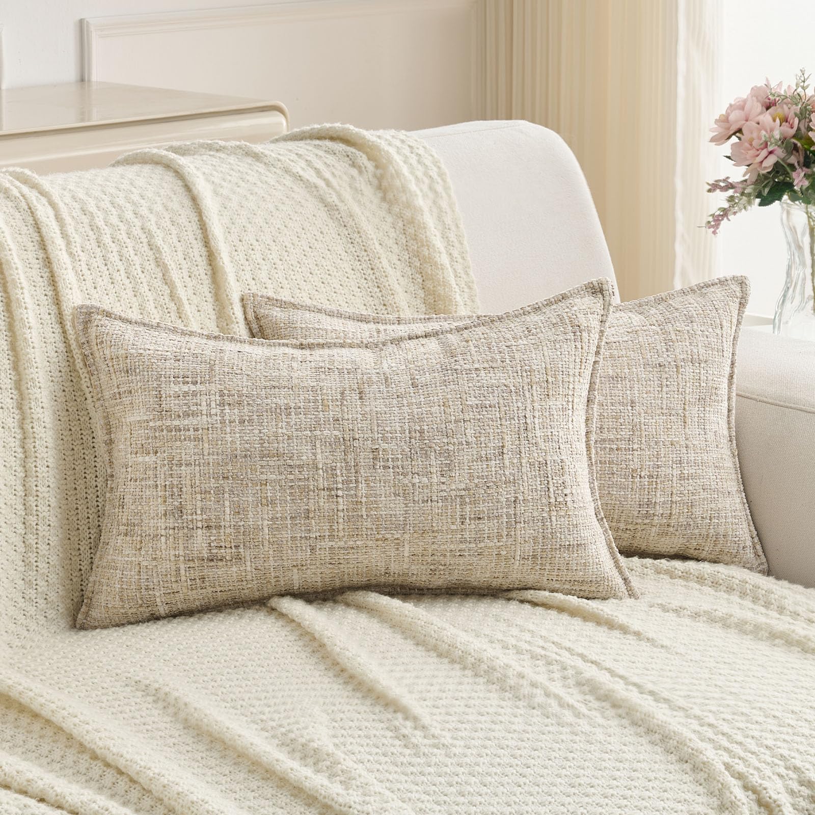 FUTEI Set of 2 Soft Tweed Chenille 30x50 cm Cushion Covers Farmhouse Micro-Check Textured Scatter Pillowcase 30 x 50 cm Vintage Accent for Sofa Bed Living Room, Beige