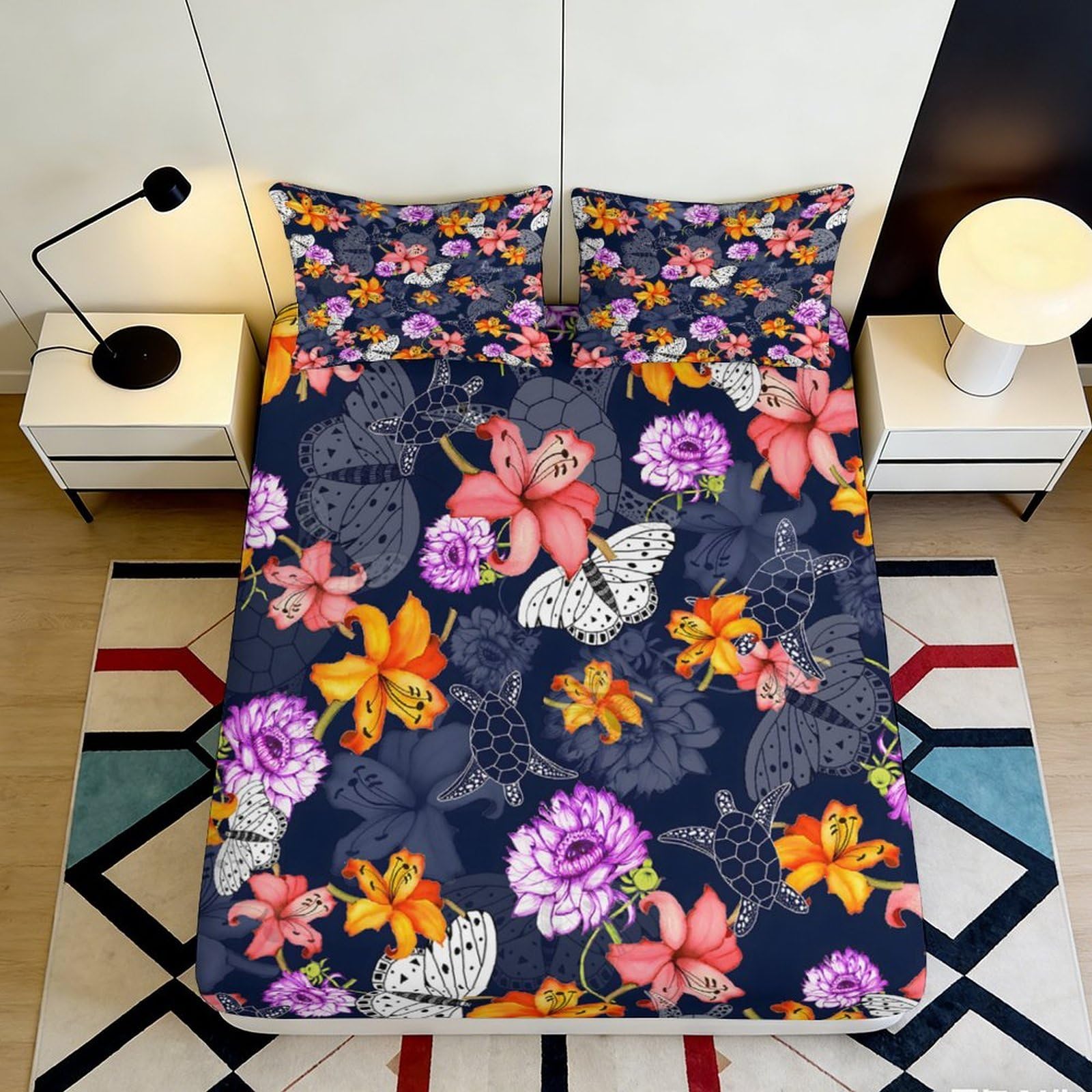 3D Printed Floral Butterfly Fitted Sheet Microfiber Soft Mattress Cover Navy Bedroom Decor for Adults Teens 90x200x25cm