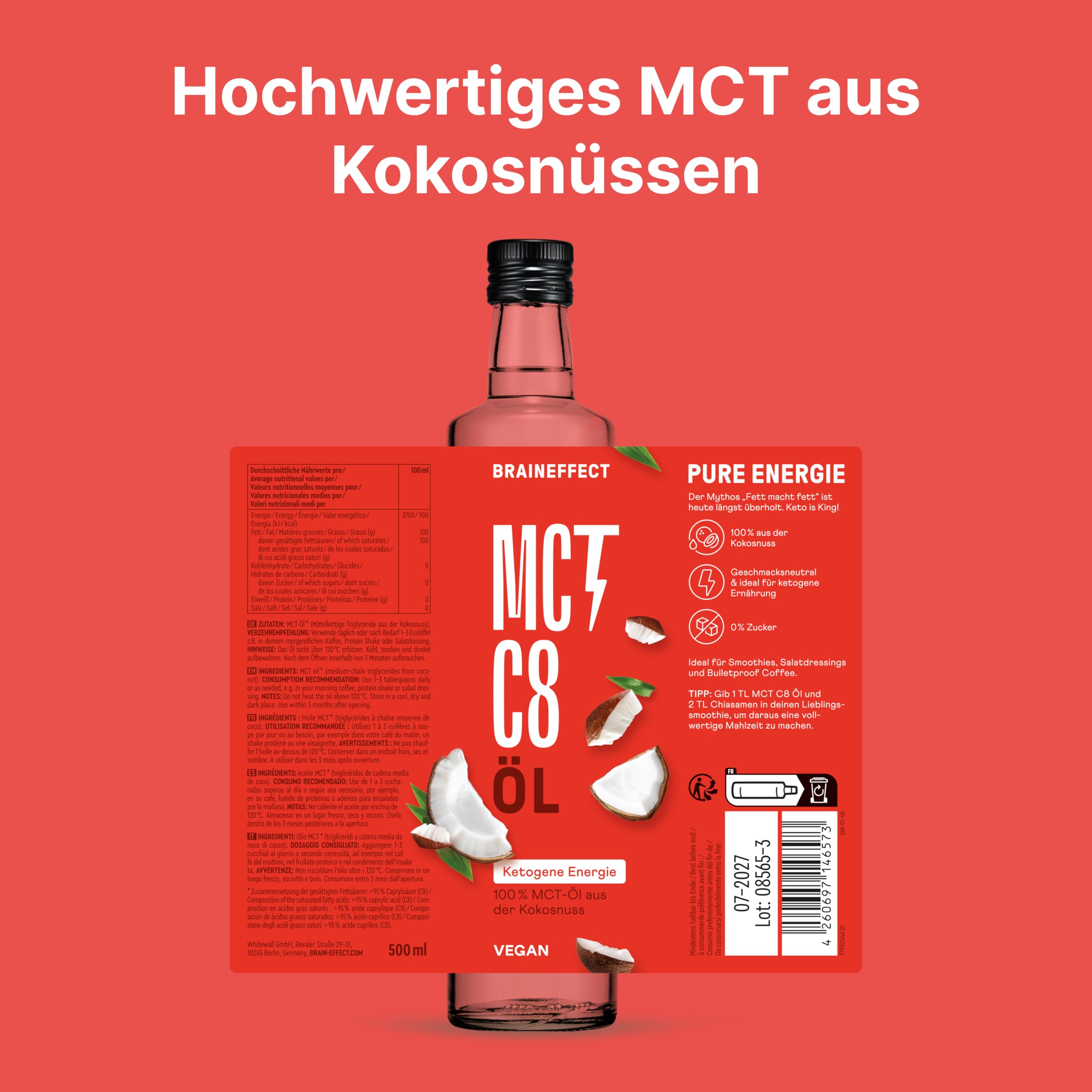 BRAINEFFECT MCT-Öl C8 - Bildet 300% mehr Ketone als andere MCT-Öle (>97% C8) - Ketogene Ernährung - Reiner Extrakt aus Kokosnussöl - Ideal für ketogene Diät & Bulletproof Coffee (500ml)