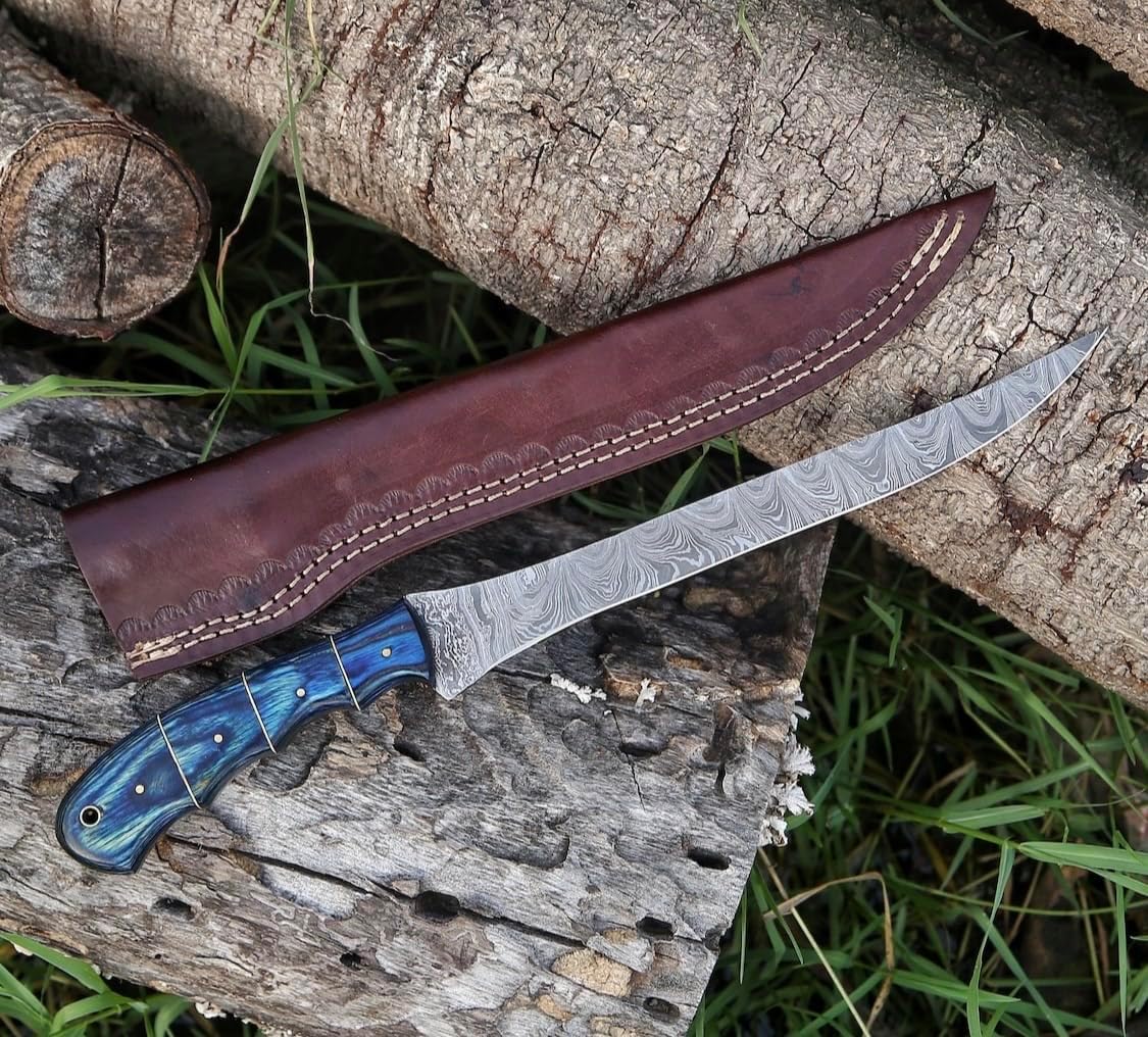 Handmade Fillet Knife 13” - Boning Knife flexible Curved Blade, Multipurpose Fillet Knife, Featuring Wood Handle and Leather Sheath - Stain & Corrosion Resistant – (Blue Wood)”