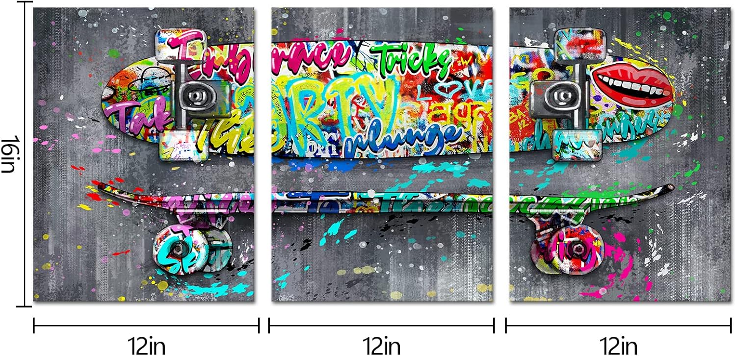 HOMEOART Graffiti Wall Art Skateboard Painting Boys Room Decor Teen Room Decor Canvas Wall Art Framed Ready to Hang 12x16inchx3 (Deep Grey)