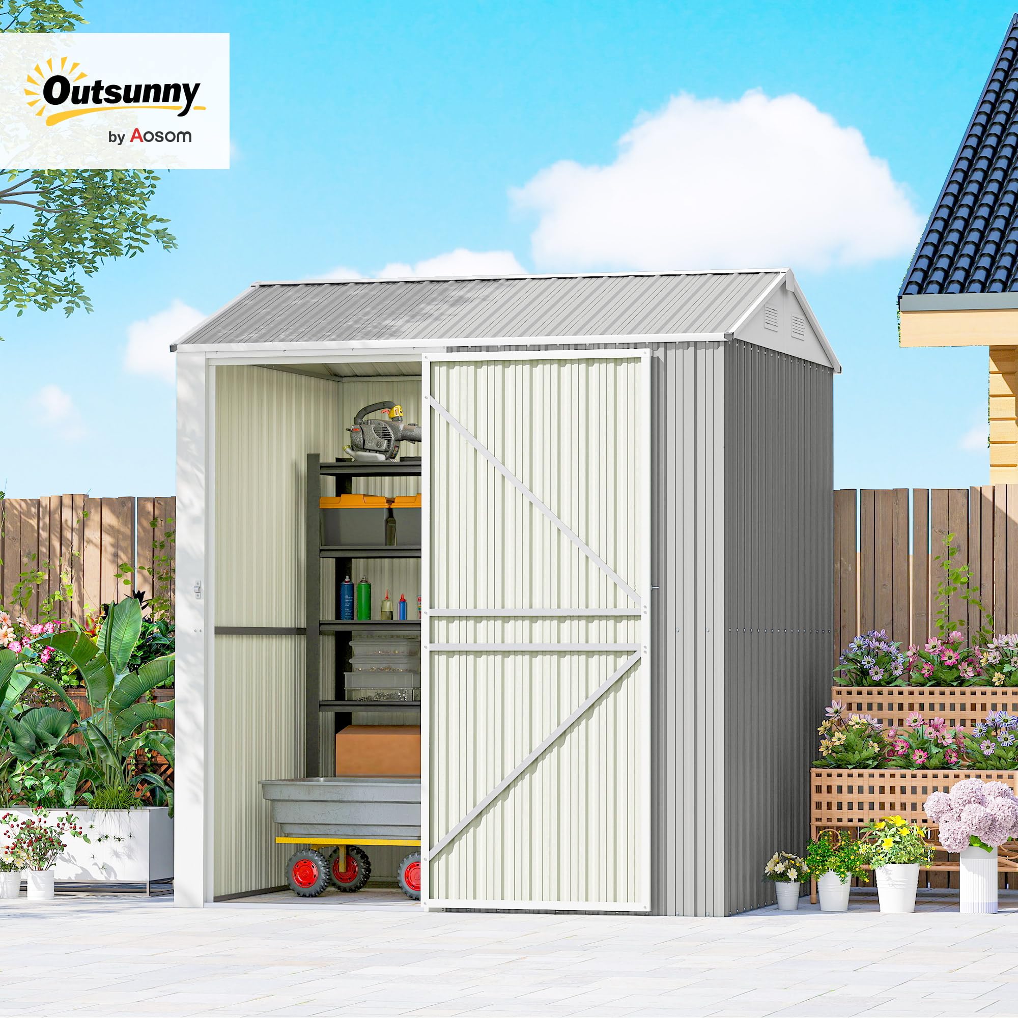 Outsunny Casetta da Giardino Alta 3.51m² in Acciaio Zincato con Prese d'Aria, Capanno da Giardino con Porta Bloccabile, Tetto Inclinato, Guanti, Capanno Porta Attrezzi, 209x177x236 cm, Grigio Argento