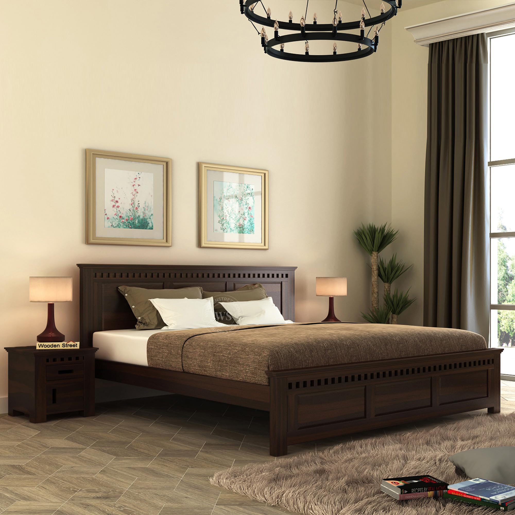 WoodenStreet™ Adolph Sheesham Wood Double Bed, King Size Bed Without Box Storage with 1 Year Warranty, Walnut Finish