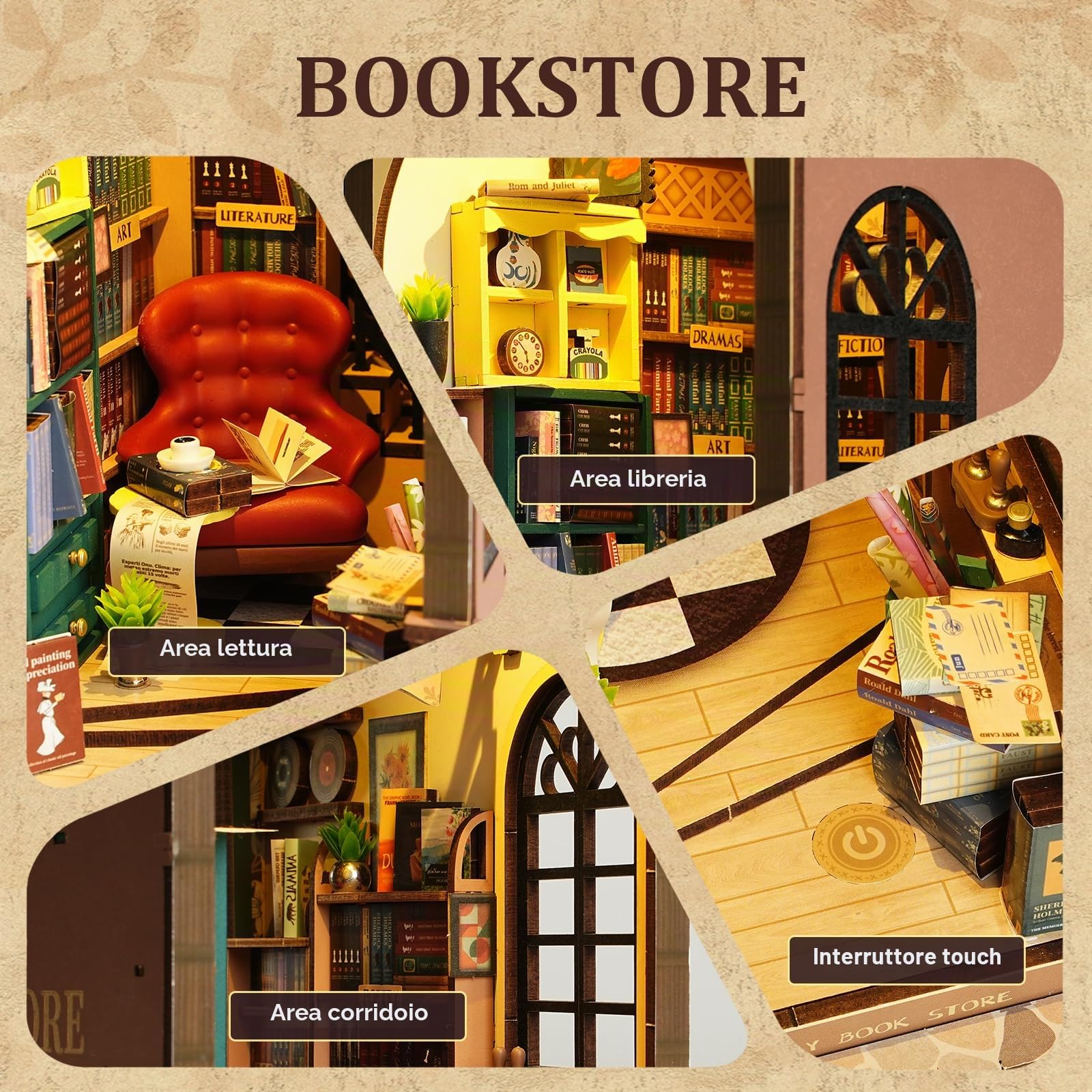 ROBOTIME Book Nook Kit Casa Delle Bambole Booknook in Legno con Luci LED, Miniatura Fai Da Te Modello di Casa Puzzle 3D, Decorazione Scaffale Regalo Di Vacanza (Libreria Shakespeariana)