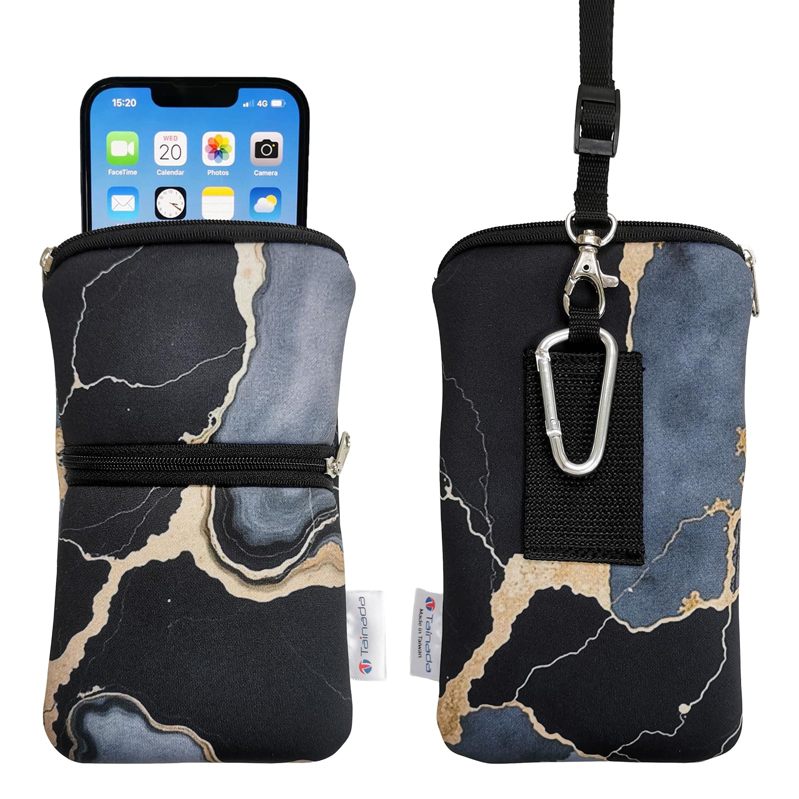 Tainada Dual Zipper Neck Phone Holder Pouch w/Belt Loop (Marble Black)