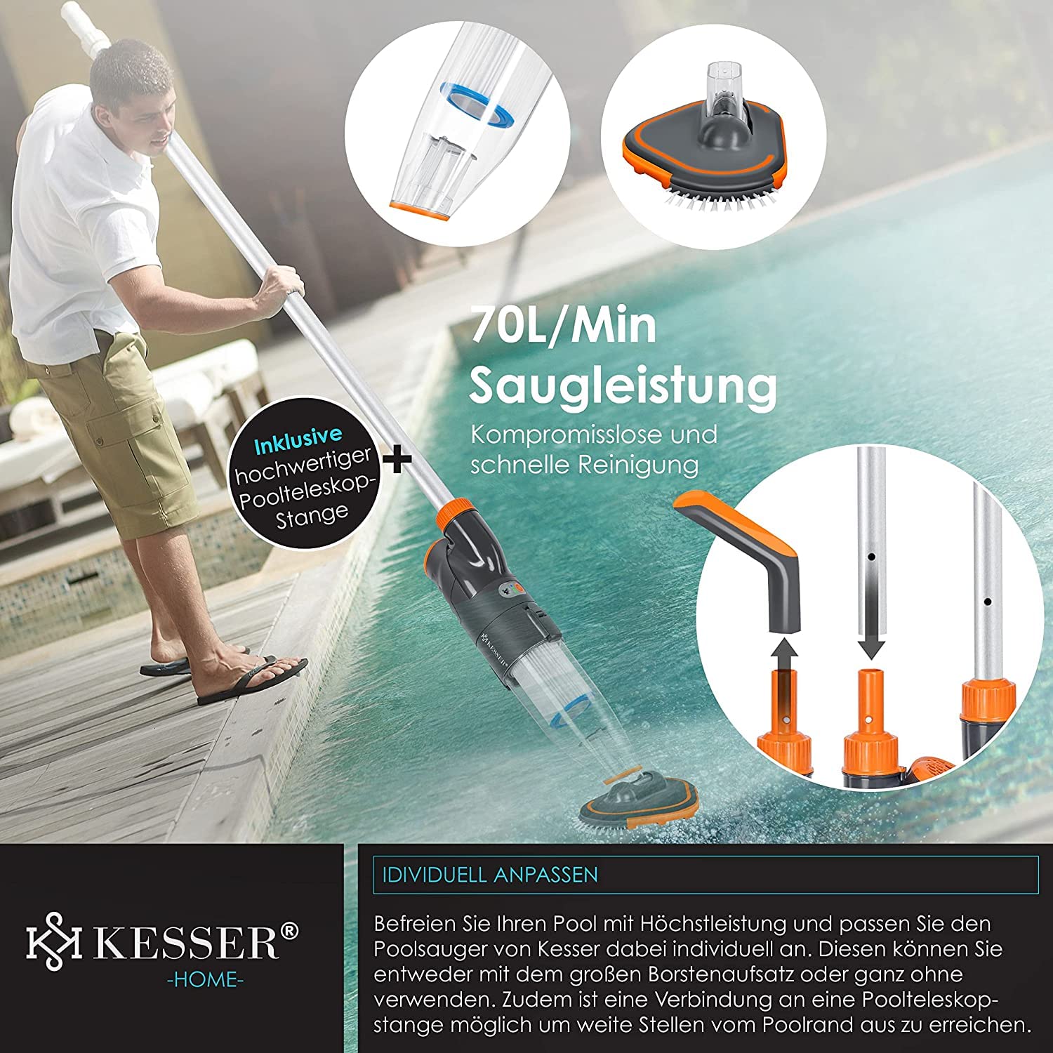 KESSER® Aspirador para Piscinas con batería | Aspirador eléctrico de Mano para Piscinas | Limpiador de Piscinas| Kit de Limpieza con Aspirador de Mano inalámbrico hasta 15 m³, Incl. Funda Protectora