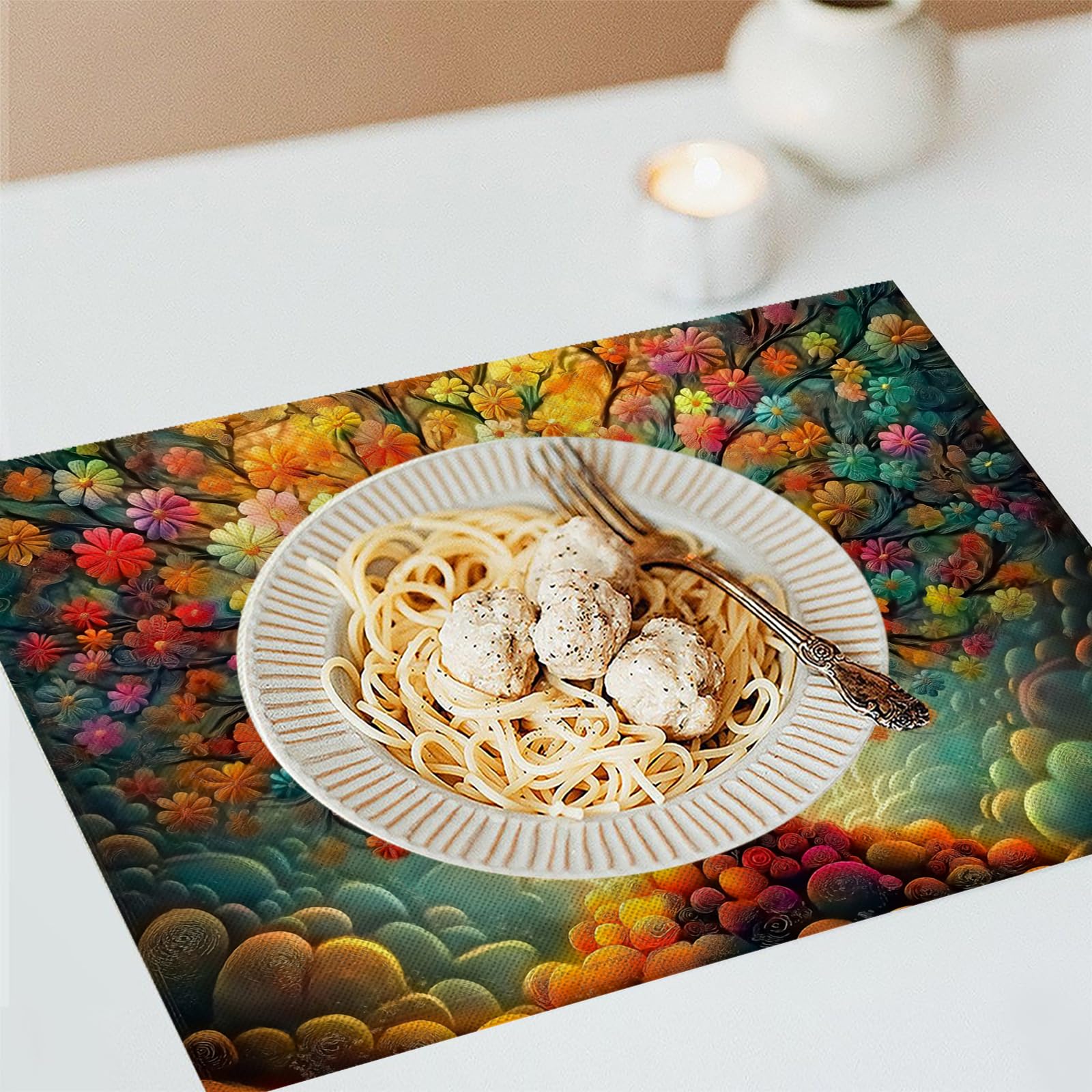 Set di 8 Tovagliette Americane Lavabili Cotone Lino Paesaggio psichedelico - Tovaglietta Americana Resistenti al Calore Durevole Fiori e foglie - per Colazione Pranzo 30×45 cm