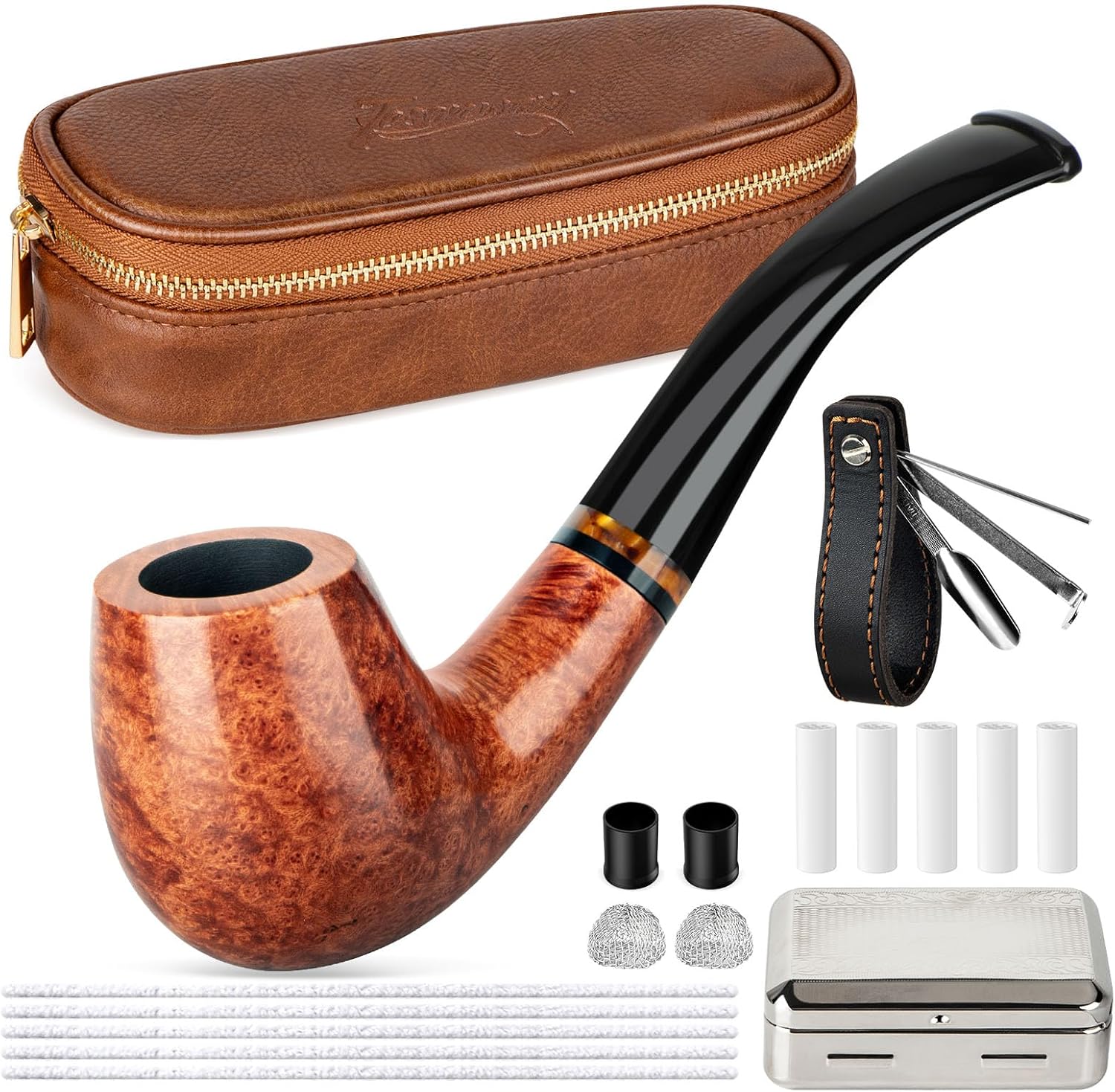 Tesonway Wood Pipe Set With PU Leather Pouch, 4-in-1 Stand Holder and Accessories (Brown)