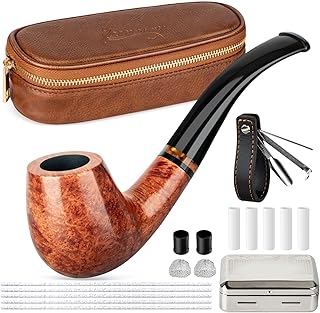 Wood Pipe Set With PU Leather Pouch, 4-in-1 Stand Holder and Accessories (Brown)
