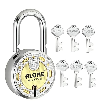 Alone Round Padlock 65mm Brass Top 6 Keys Hard Shackle Double Locking | Padlocks for Home Door Gate Shop Shutter Truck Grill, Chrome Finish Rust Free. (6 Keys Round Active 65m Pack of 1)