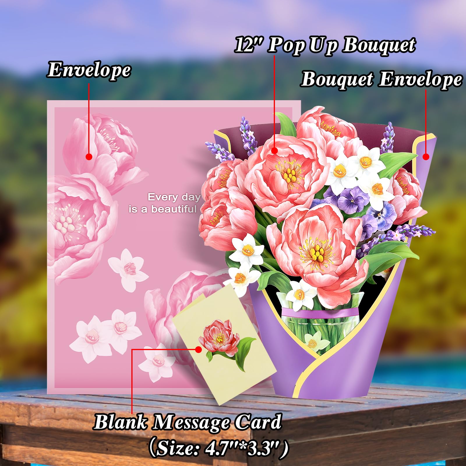 Airpark Papier Pop Up Bouquet Karte Rosa Pfingstrosen Blume Grußkarten 30,5 cm Forever Flower Papier 3D Popup Karten mit Notizkarte und Umschlag für Weihnachten Urlaub Geburtstag Muttertag AP-HK-P