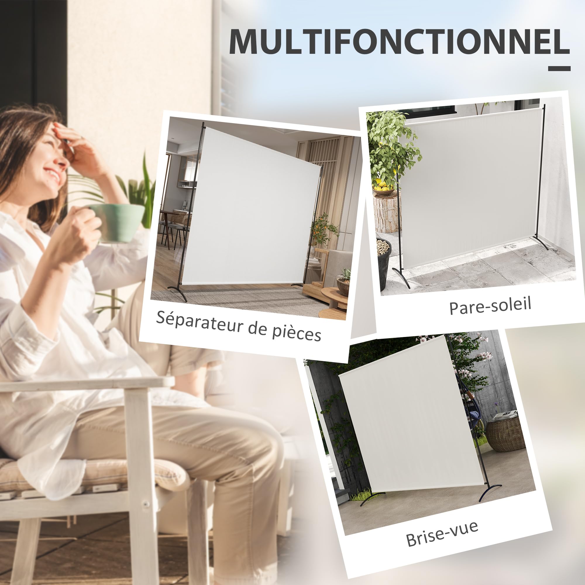 Outsunny Paravent Extérieur à Panneau Unique UV30+ 180H cm Beige | Séparateur de Pièce, Panneau Brise-Vue, Base Stable, pour Intérieur et Extérieur