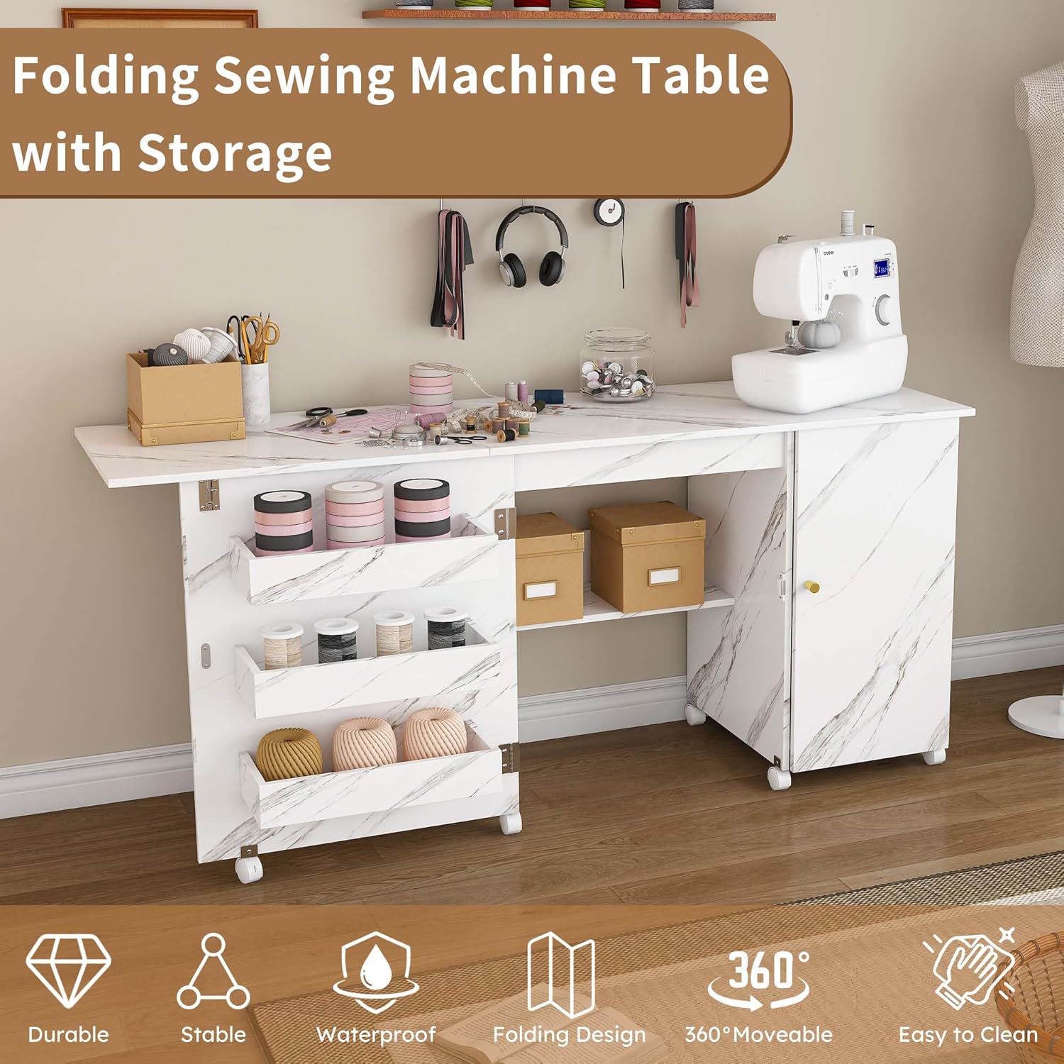 4-in-1 Folding Sewing Table with Storage, Sewing Desk Foldable with Lockable Wheels & Power Socket, Sewings Machine Cabinet & Craft Desk with Shelves, Compact Design (57 Inch)