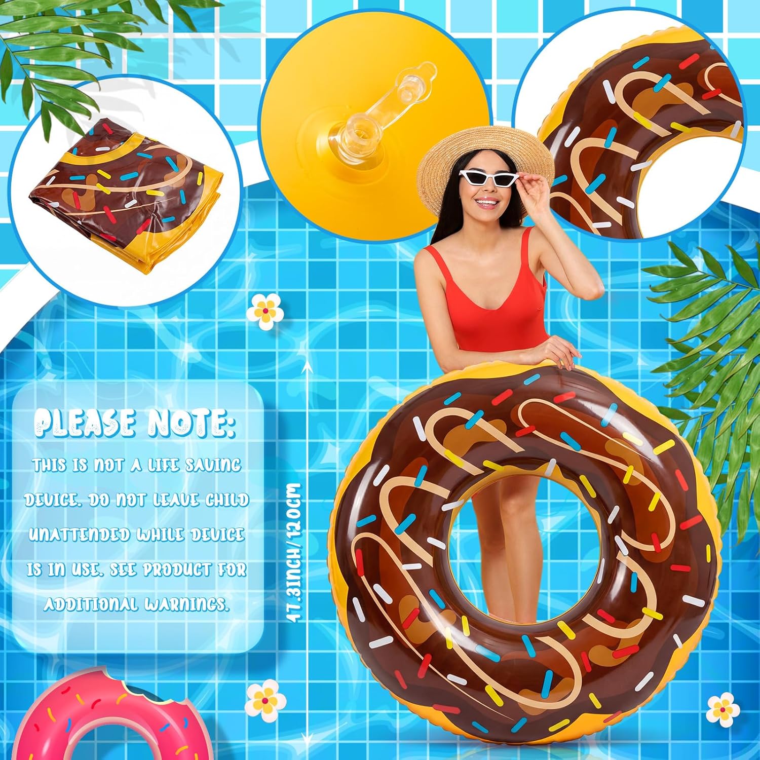 2 Pack 47.24 Inches Donut Pool Floats Large Inflatable Donuts Tube Jumbo Swim Rings with Sprinkles for Adults Swimming Pool Party Decorations Supplies