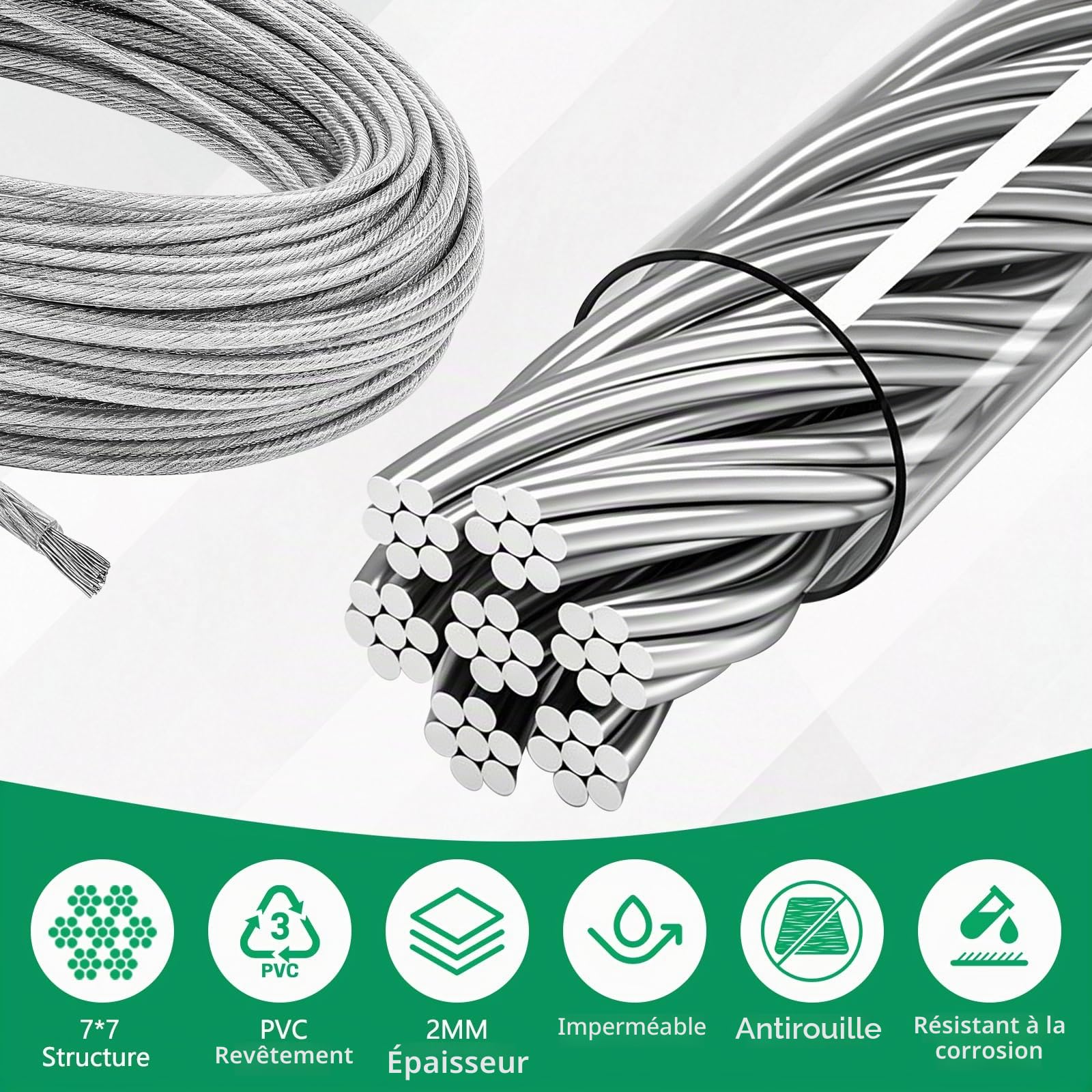 94 Pièces Kit de Câble Métallique en Acier Inoxydable 304, 60M 2 MM Recouvert de PVC avec Tendeur Cable Inox, pour Plantes Grimpantes, Clôture, Treillis, Étendoir Extérieur, Suspension de Luminaires