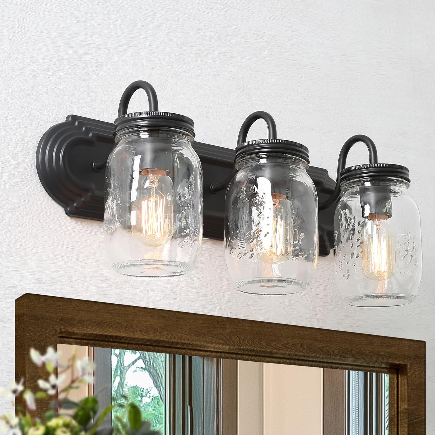 Mason Jar Bathroom Light Fixtures, 3-Light Black Vanity Lights for Bathroom, 19'' Farmhouse Bathroom Lighting Over Mirror