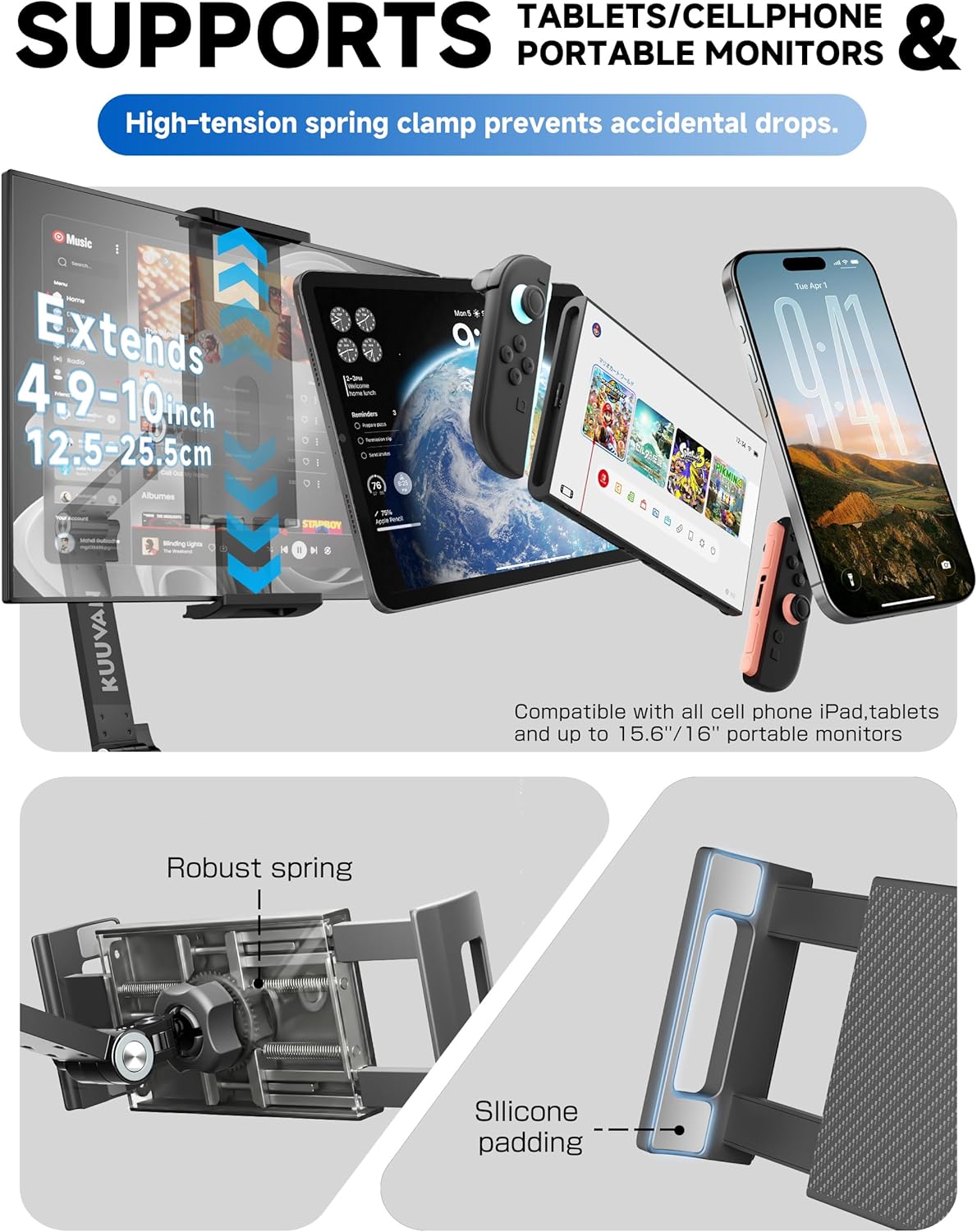 Tablet Stand Holder for iPad, Portable Monitor Stand Holder 15.6'',16'', Aluminum Alloy Foldable Arm Mount with 360° Swivel Desk Mount Compatible with 4.7-16inch Tablet, Cell Phone (Black)