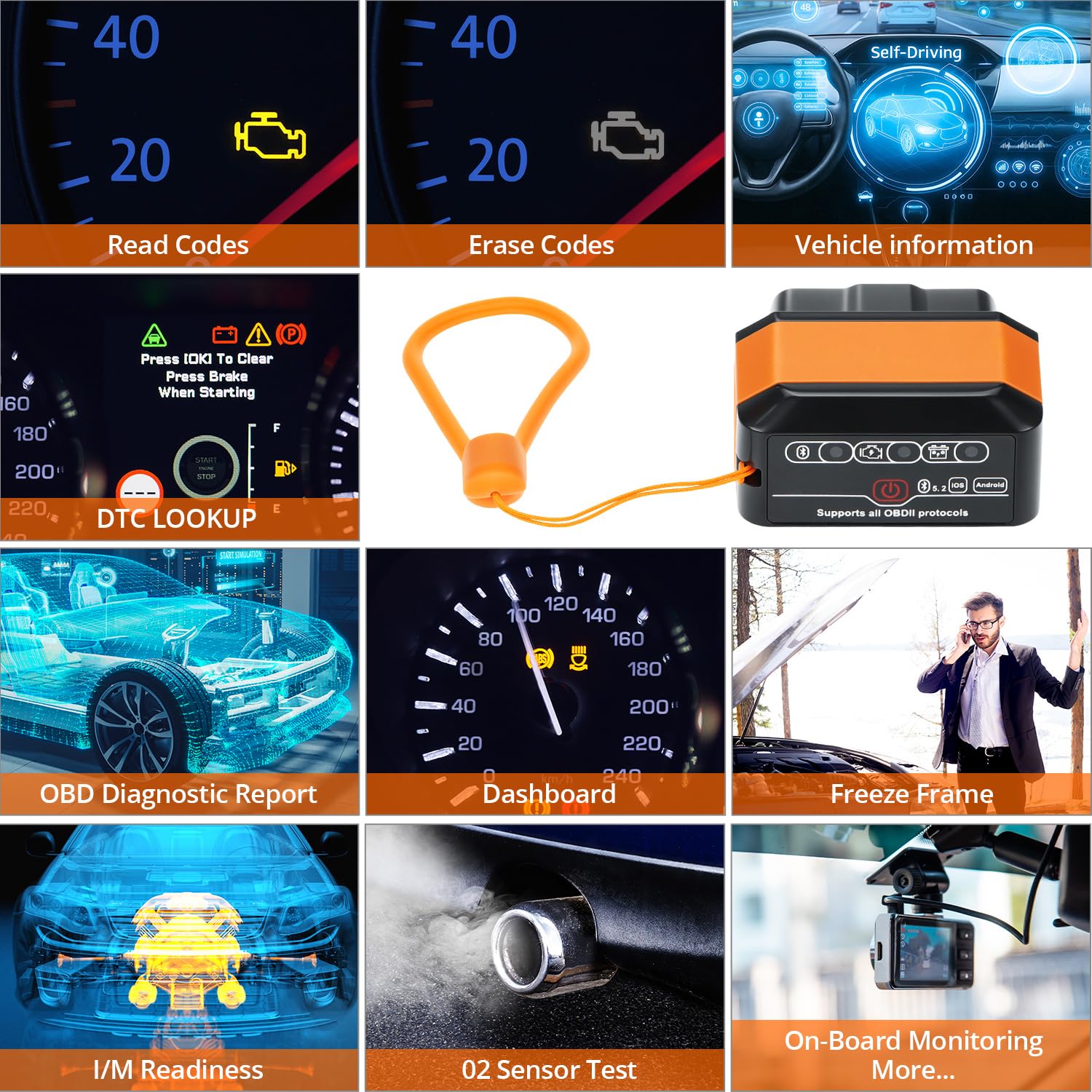 QWORK OBD2 Diagnostyka, OBD2 bezprzewodowy czytnik kodów Bluetooth 5.2 i skaner diagnostyczny do samochodu, czytnik kodów usterek silnika, dla wszystkich pojazdów OBDII