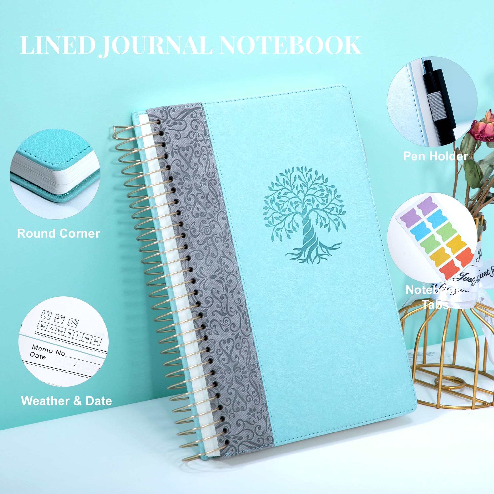 FLYING EAGLE Cuaderno con espiral, rayado universitario, cuaderno grande de tapa dura con el árbol de la vida para el trabajo, escuela, escritura, toma de notas, 300 páginas, B5 azul