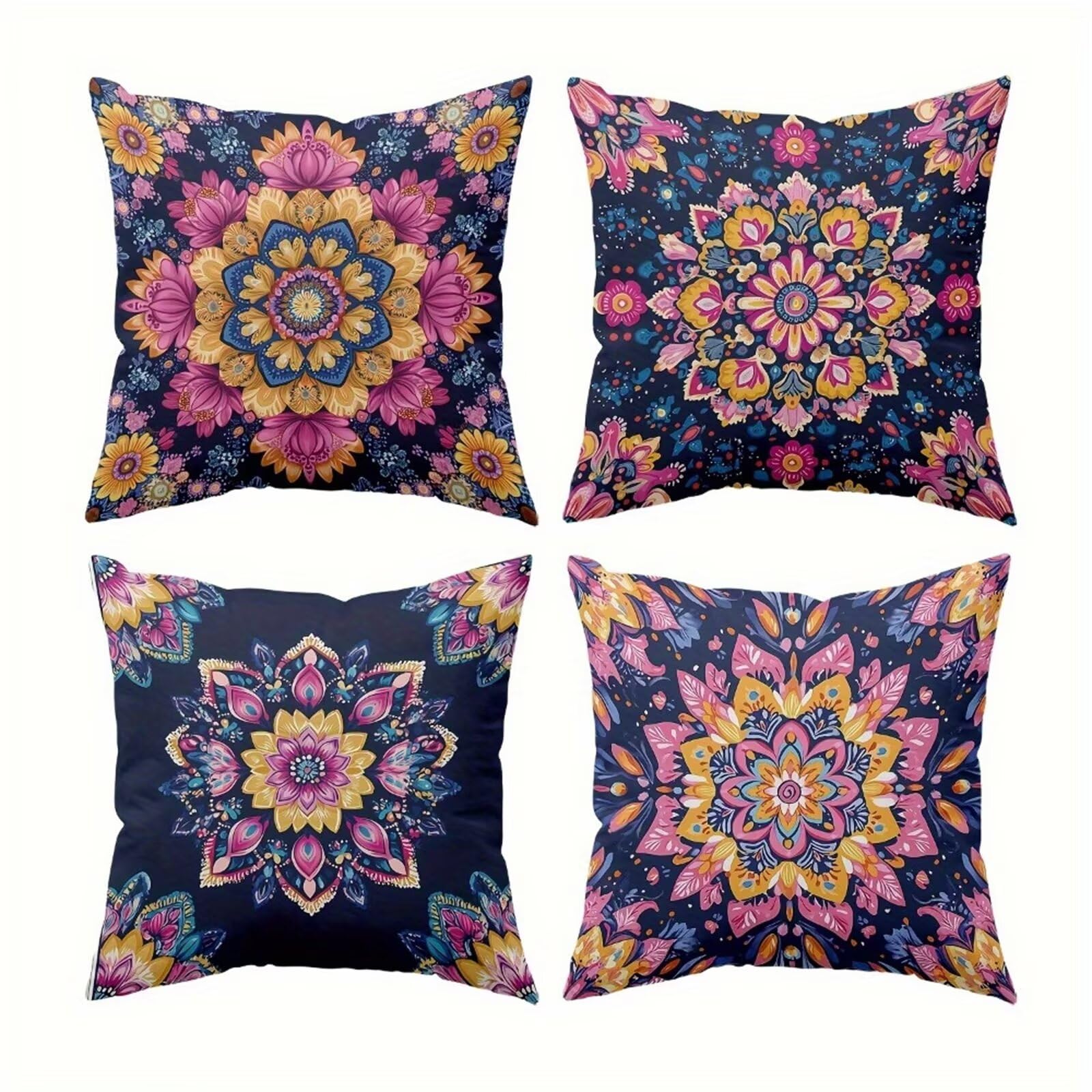 Heaen Outdoor Cushions Covers Waterproof 35x35 cm Set of 4 Square Linen Pillow Cases Pink Mandala Decorative Dushions for Sofa Porch Patio Home Decor