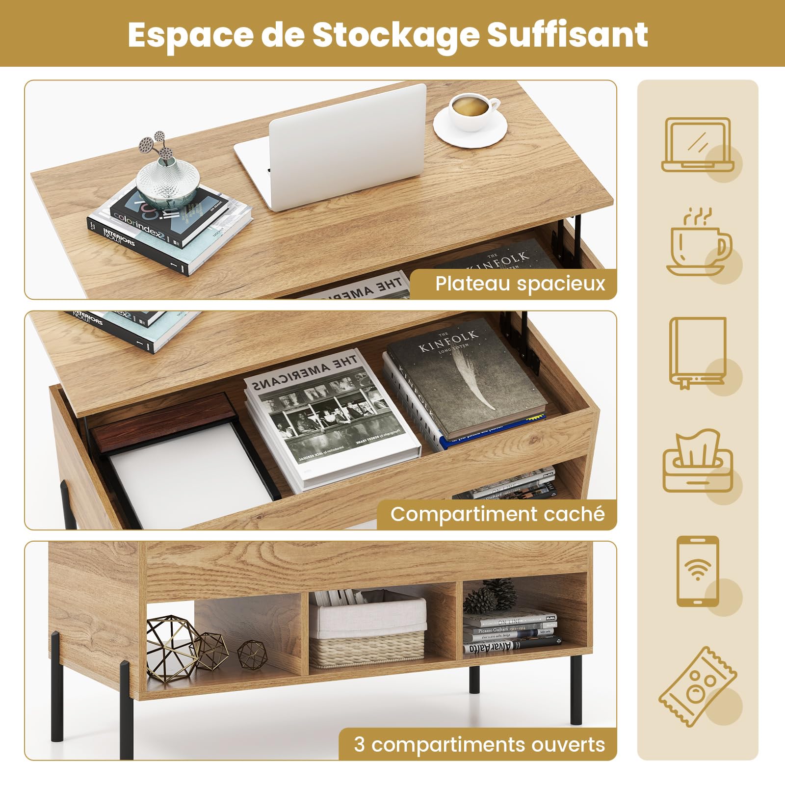 GIANTEX Table Basse Plateau Relevable, Table de Salon avec 3 Compartiments & Rangement Caché & Pieds en Métal, Transformable Moderne pour Bureau,Chambre, 100x50x45cm (Naturel)