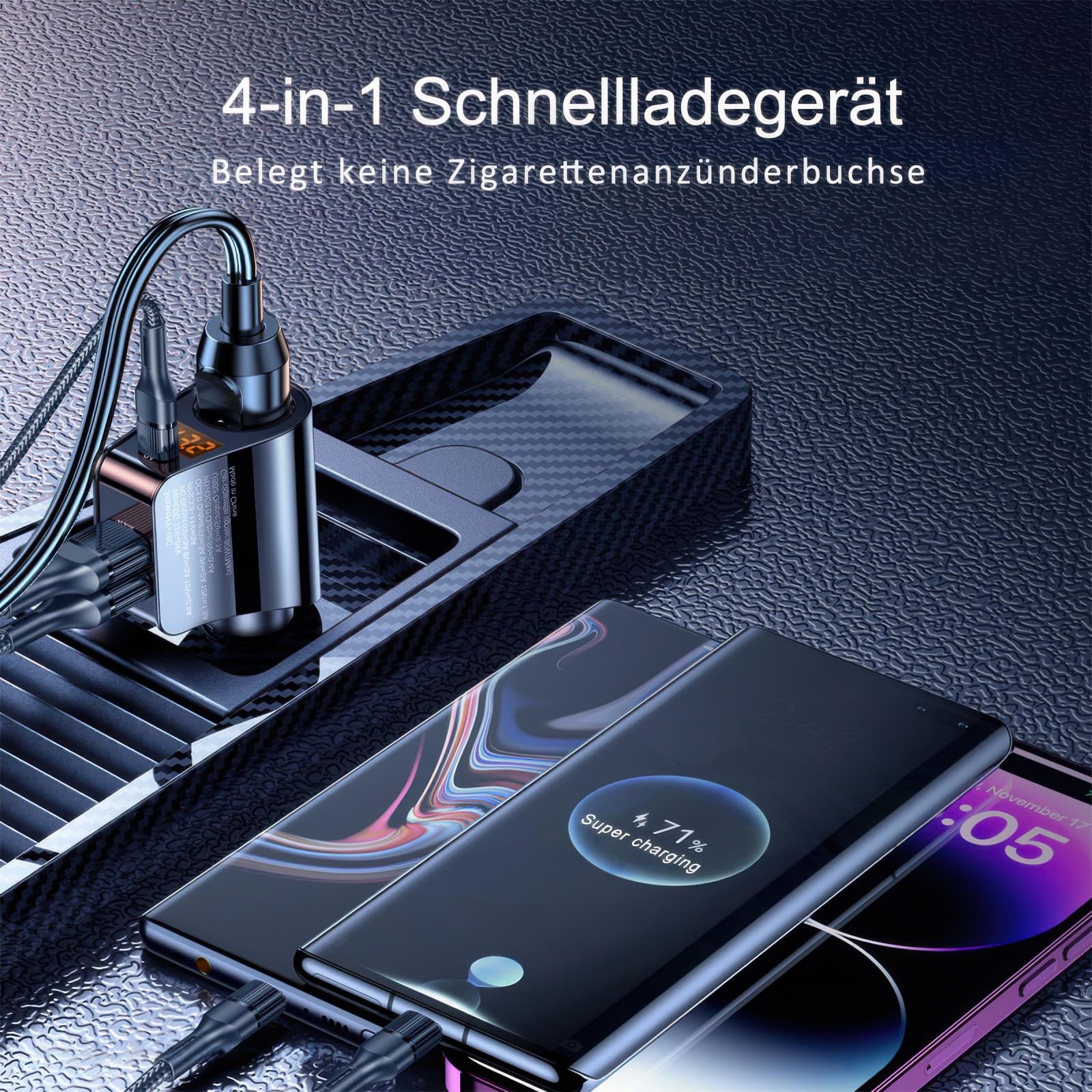 Rozdzielacz zapalniczki samochodowej 4 w 1, USB C 128 W, ładowarka samochodowa, adapter do szybkiego ładowania, gniazdo ze wskaźnikiem napięcia do iPhone Samsung, Huawei, GPS, kamera