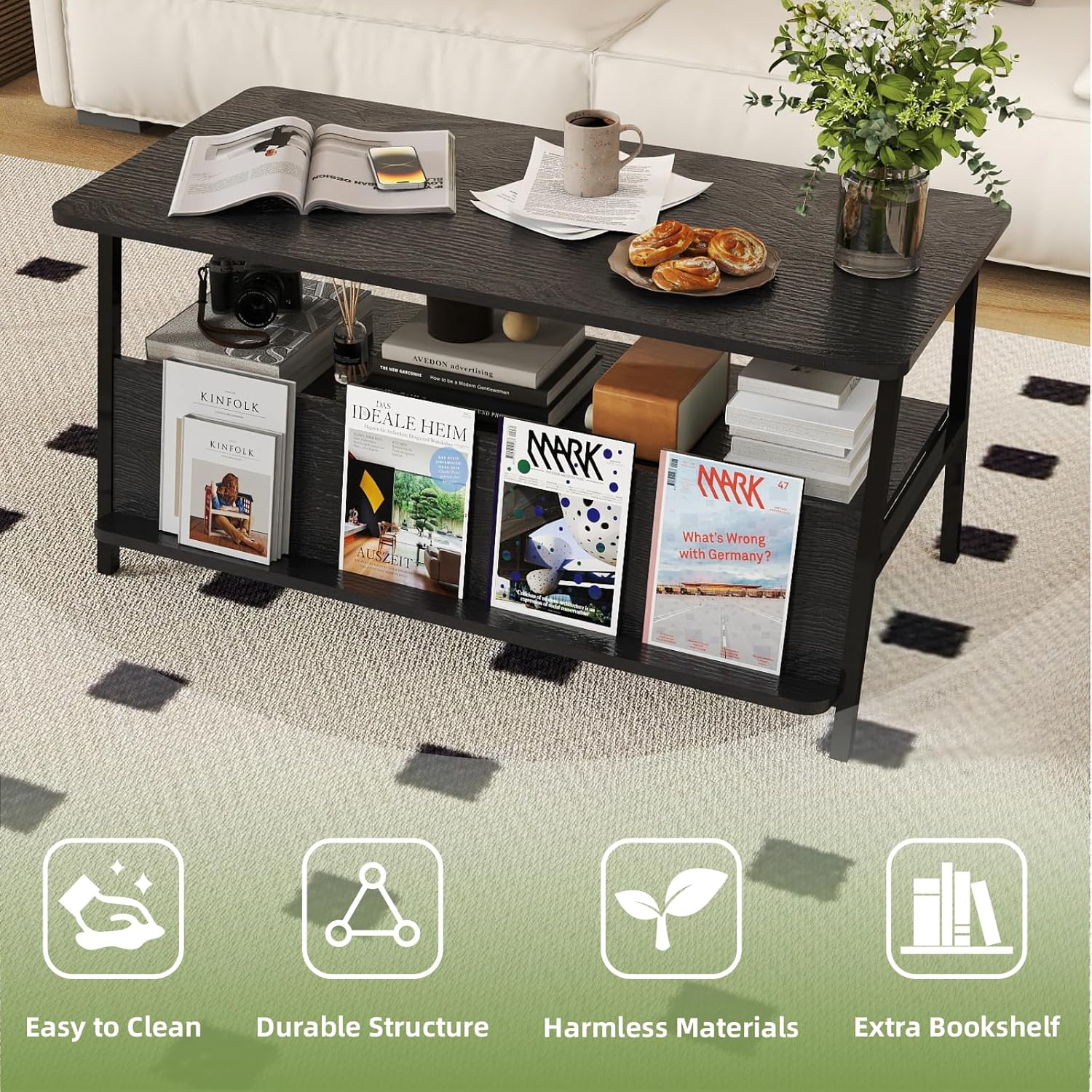 GOODONE 2-Tier Coffee Table for Living Room- Small Coffee Table with Storage Shelf and Bookshelf, Center Table for Living Room, Apartment, Rectangle, Dark Black V4