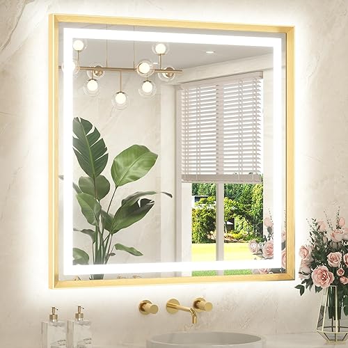 Miniatura 78 de TETOTE Espejo LED de baño de 24 x 32 pulgadas, marco de metal dorado cepillado frontal y retroiluminado, espejo de tocador antiniebla, regulable Oro