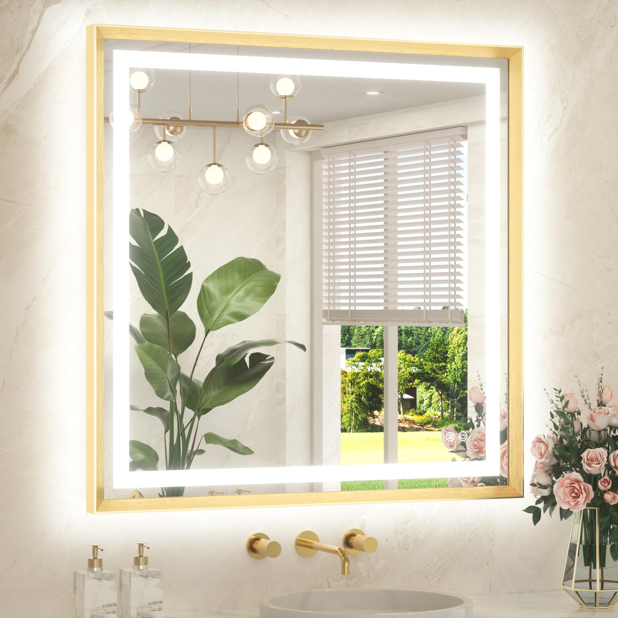 TETOTE Led Bathroom Mirror 36 x 36 with Brushed Gold Frame Anti-Fog Frontlit &amp; Backlit Vanity Mirror Stepless Dimmable Lighted Mirrors for Bathroom Wall 3 Colors White/Warm/Natural Wall-Mounted