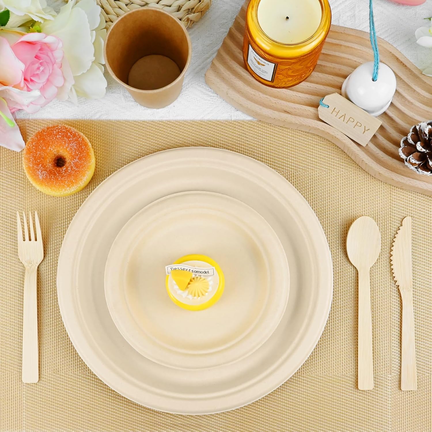 Compostable Disposable Dinnerware Set - 30pack Eco-Friendly Cutlery, Include: 30 10” and 7” Paper Plates, 30 Pre Rolled Napkins and Bamboo Cutlery Set, 30 Cups for Party