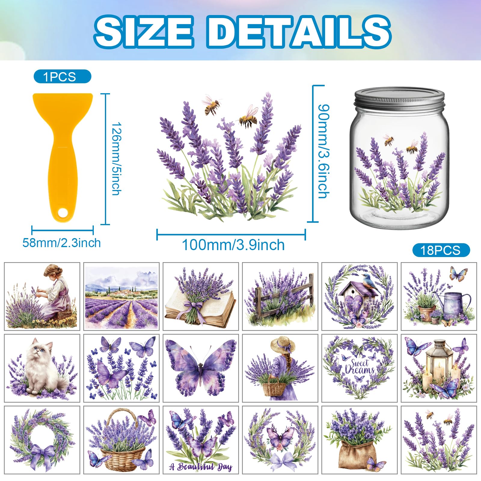 GLOBLELAND 18 Sheets Retro Lavender Rub on Transfer 3.9x3.6inch Colorful Flowers Butterfly Vase Home Decals Cat Cup Transfer Stickers for Furniture Vase Glass Art Crafts Decorations - Image 2