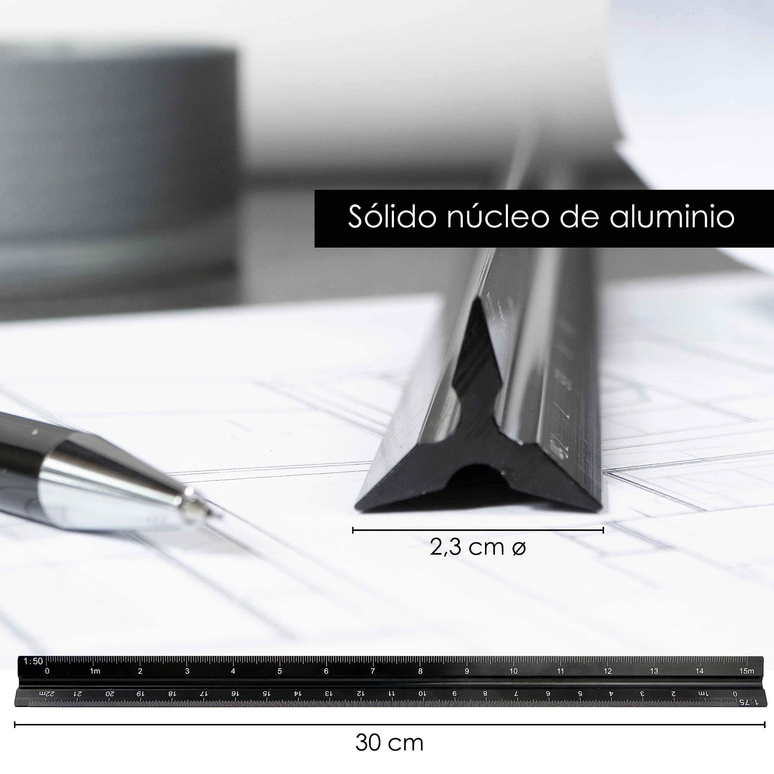 OfficeTree Escalimetro Profesional incl. Portaminas - Regla Triangular 30cm - Escalímetro Escala 1/50 hasta 1/125 - Regla Aluminio - Regla 30 cm - Regla Dibujo Tecnico - Escalimetros