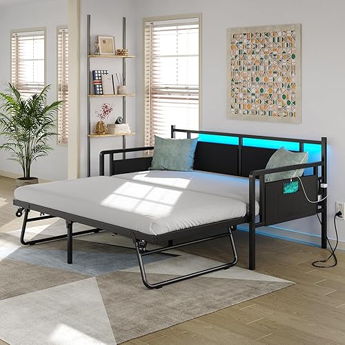 Furniouse Daybed with Charging Station and LED Lights, Twin Daybed with Trundle, Metal Bed Frame with Steel Slat Support for Bedroom, Guest Room, Living Room Black
