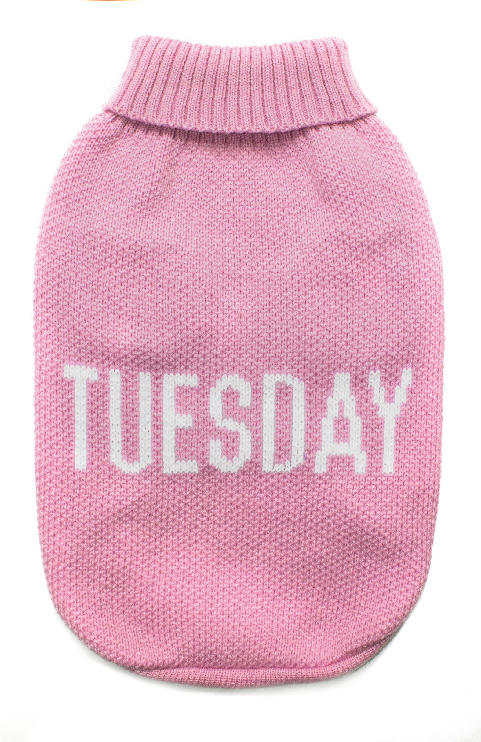 Record - Dog Sweater Everyday Soft High Neck Sweater with Elasticated Waistband, Embroidered 'Tuesday' | Pink, S - Back Length 35cm