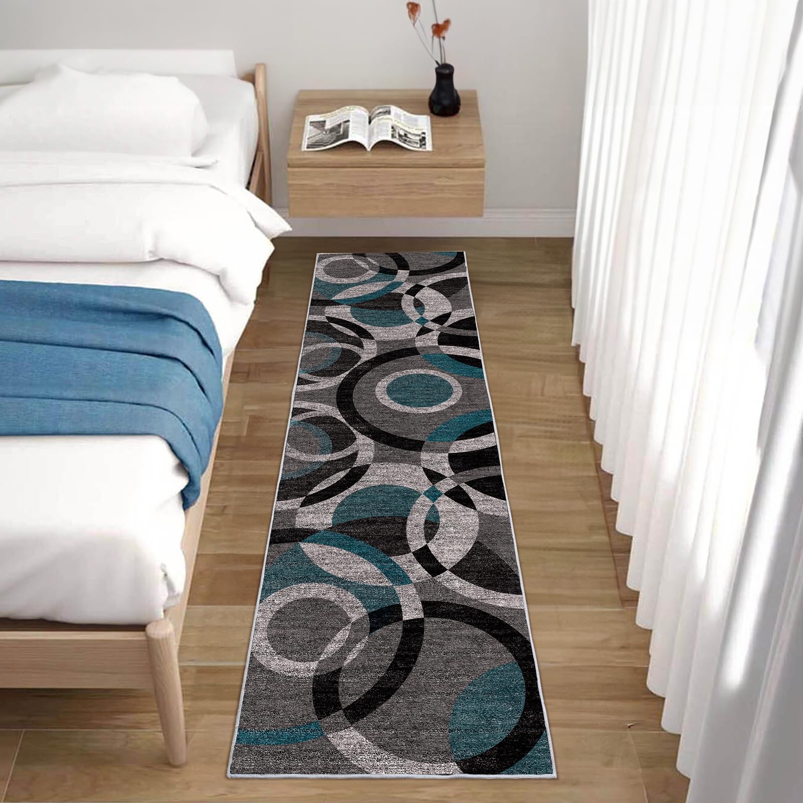 YUFANUHO Washable Modern Blue Black Grey Runner Rug - 2x8 Feet Soft Faux Wool Rug Abstract Circles Line Design Runner Rugs for Hallway, Bedroom,