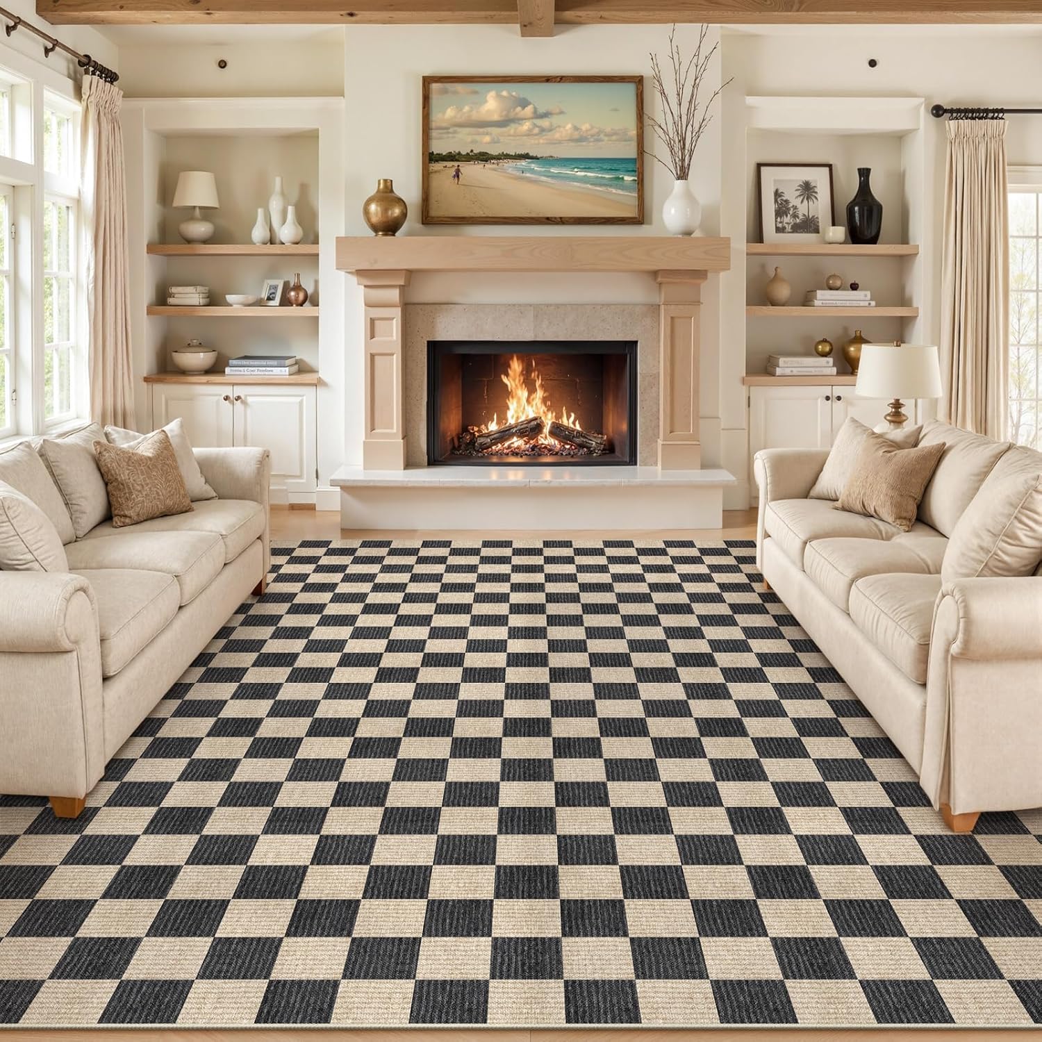 LIVEBOX 9x12 Area Rugs for Living Room, Checkered Non-Slip Washable Rugs, Farmhouse Neutral Classic Geometric Large Boys Area Rug for Bedroom, Carpet for Living Dining Room Office(Black,9'x12') 9' x 12' (Rectangular) Black/Checkerboard